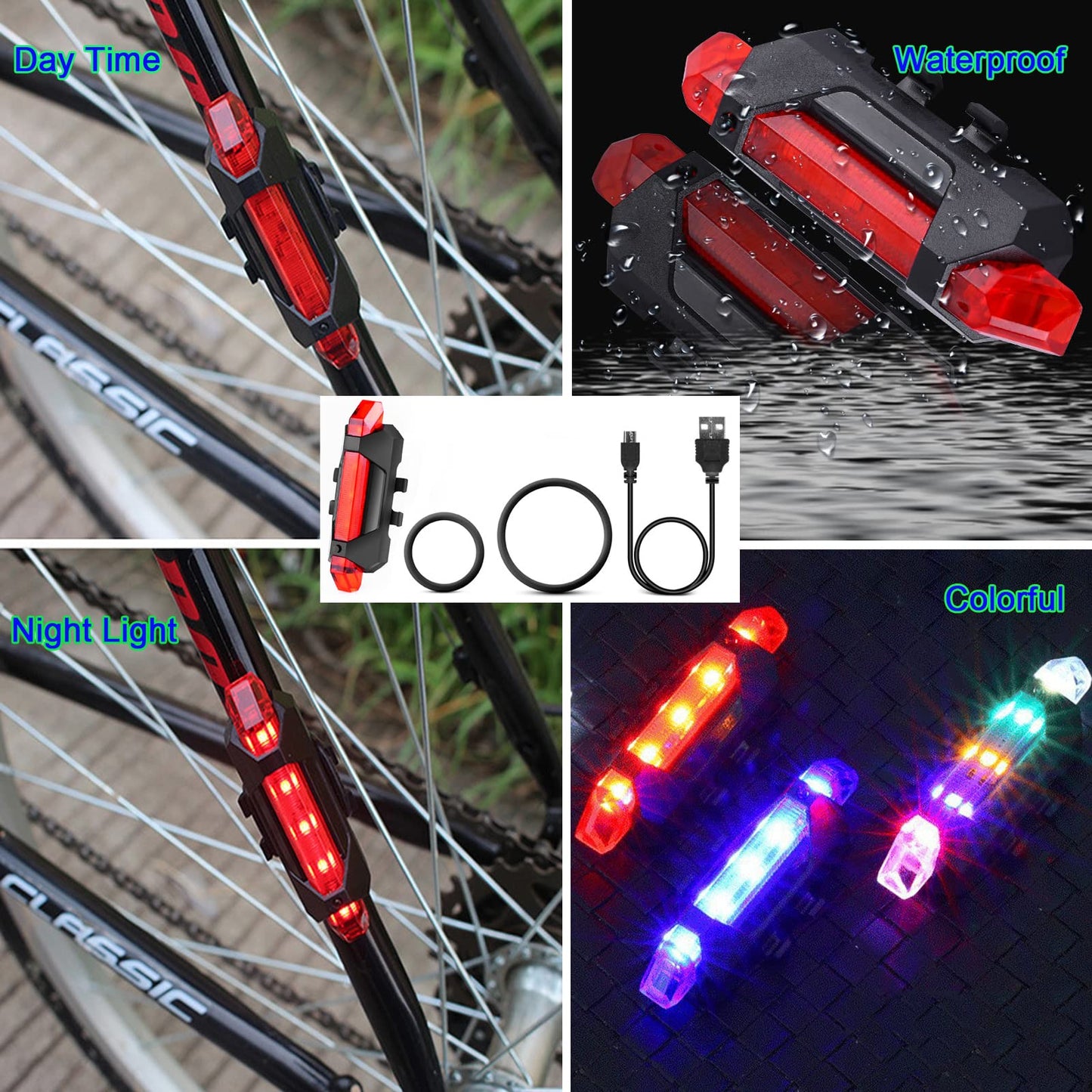 YUERWOVER 2 Pack USB Rechargeable LED Bicycle Rear Lights Cycling Bike Taillight Red Seat Back Safety Lamp Night Riding Essential Waterproof 4 Modes Warning Light for Men Women Kids MTB Accessories