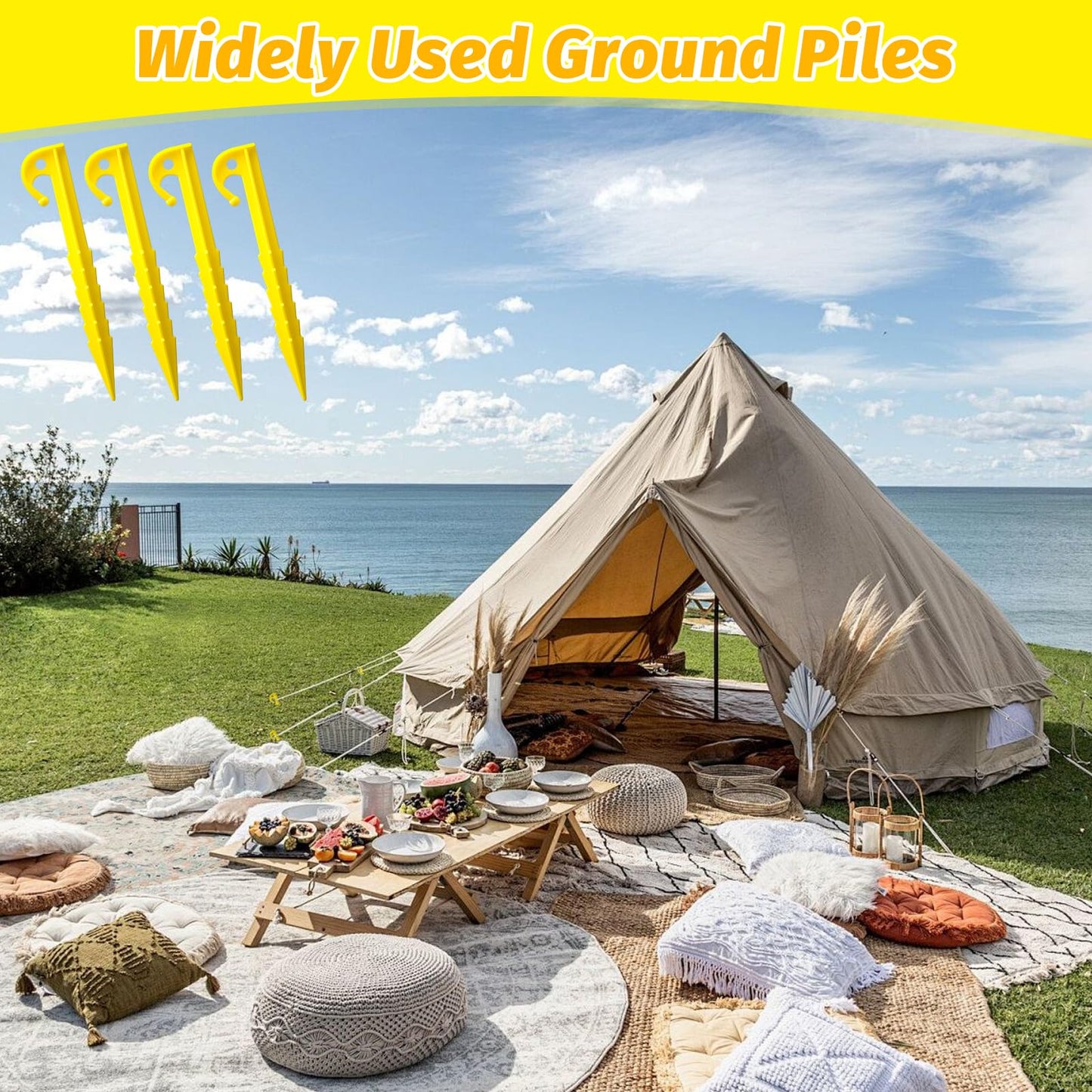 12 Pack Plastic Tent Stakes,5.7 inches, Ideal for Sand, Camping, Backpacking, Beach, Garden, and Lawn use. Durable, Rust-Resistant, and Reliable Support.(Yellow)