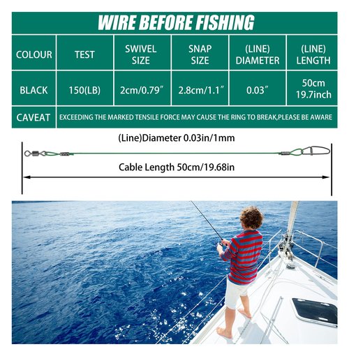 VATEICO 20PCS Fishing Leader Line,150LB High Strength Saltwater Fishing Stainless Steel Leaders with Swivel Snaps Connect Tackle Lure Rig and Hooks 19.7inch Green