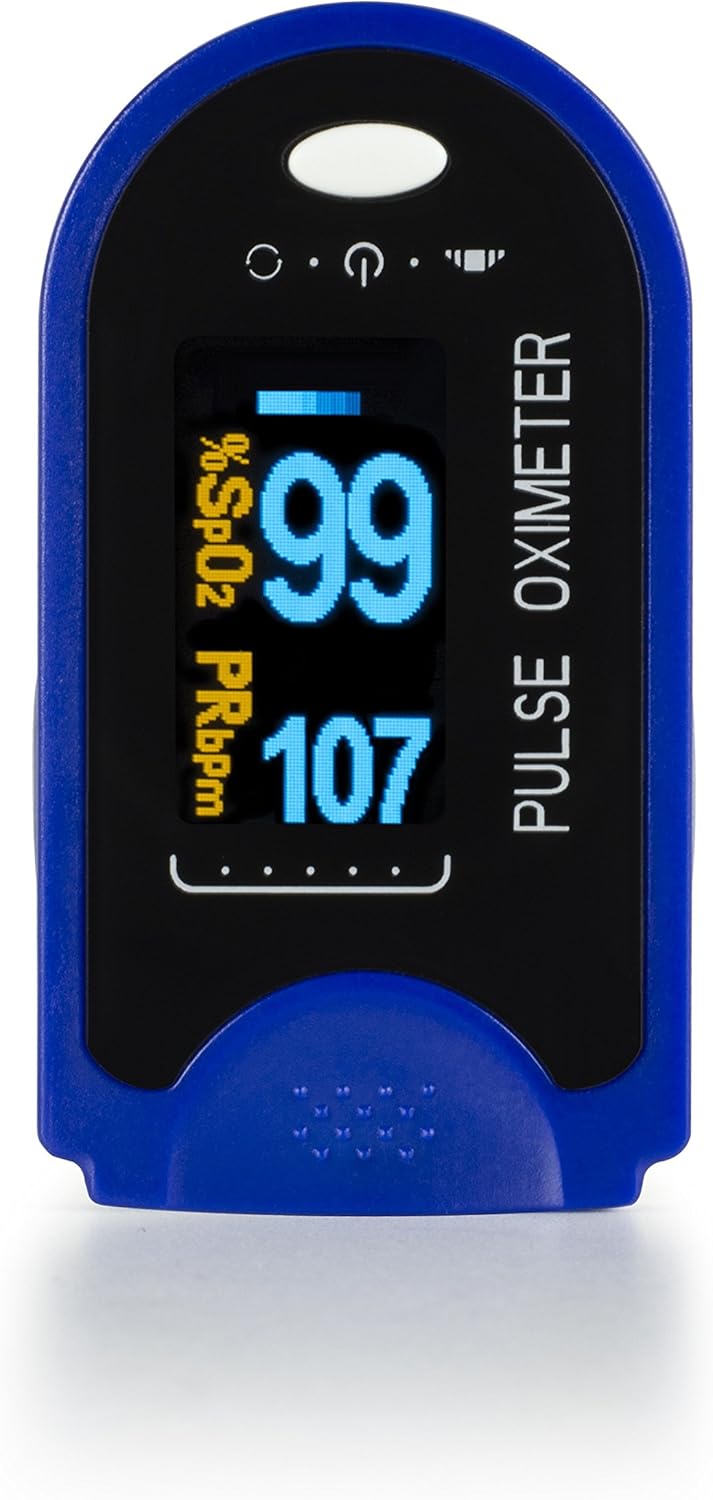 AccuMed Fingertip Pulse Oximeter, Sp02 Finger Blood Pulse Oxygen Monitor, w/Carrying case, Lanyard Silicon Case & Battery CMS-50D (Blue)