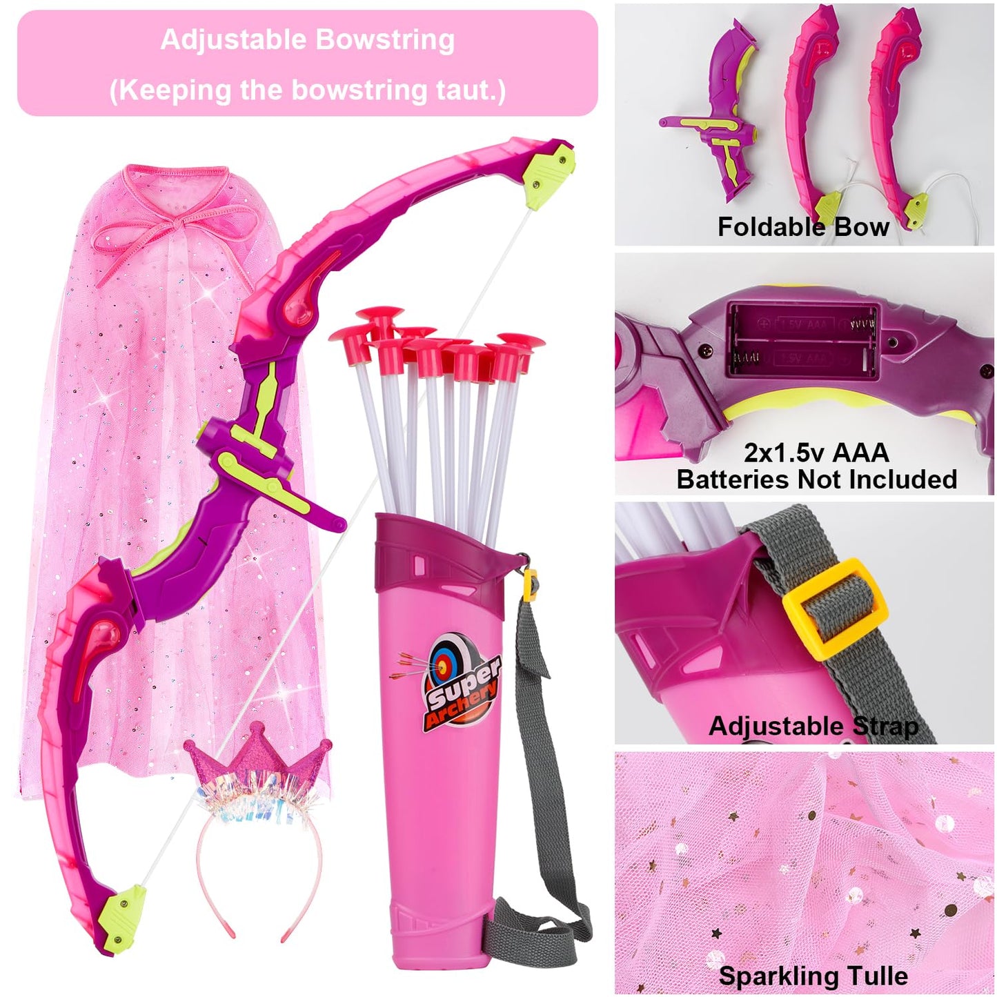 Bow and Arrow for Kids, LED Light Up Archery Set with Princess Cape and Crown, 10 Suction Cup Arrows, Target & Quivers, Outdoor Toy for Girls Aged 3-8, Birthday Gifts Toys for 4 5 6 7 8 Year Old