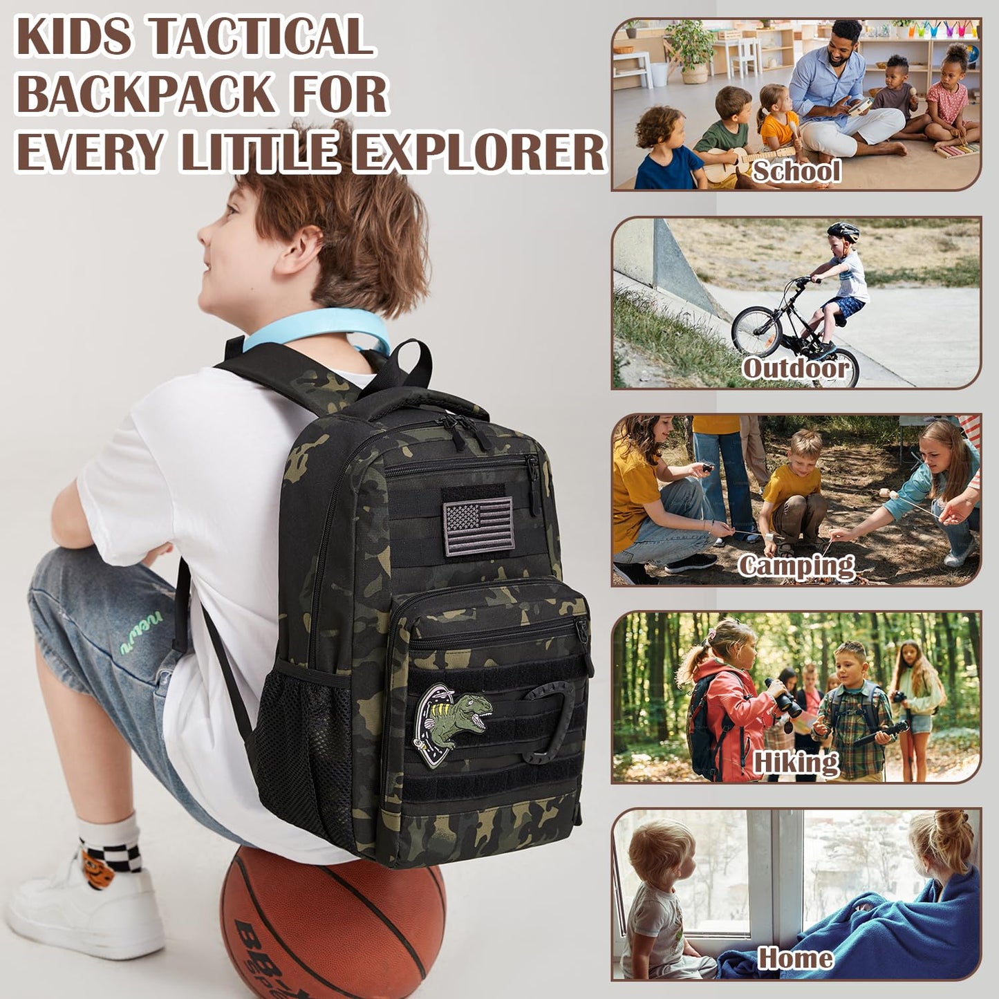 Kids Tactical Backpack Army Molle Bookbag Military Boys Backpack for School, Outdoor, Camping, Black Camo