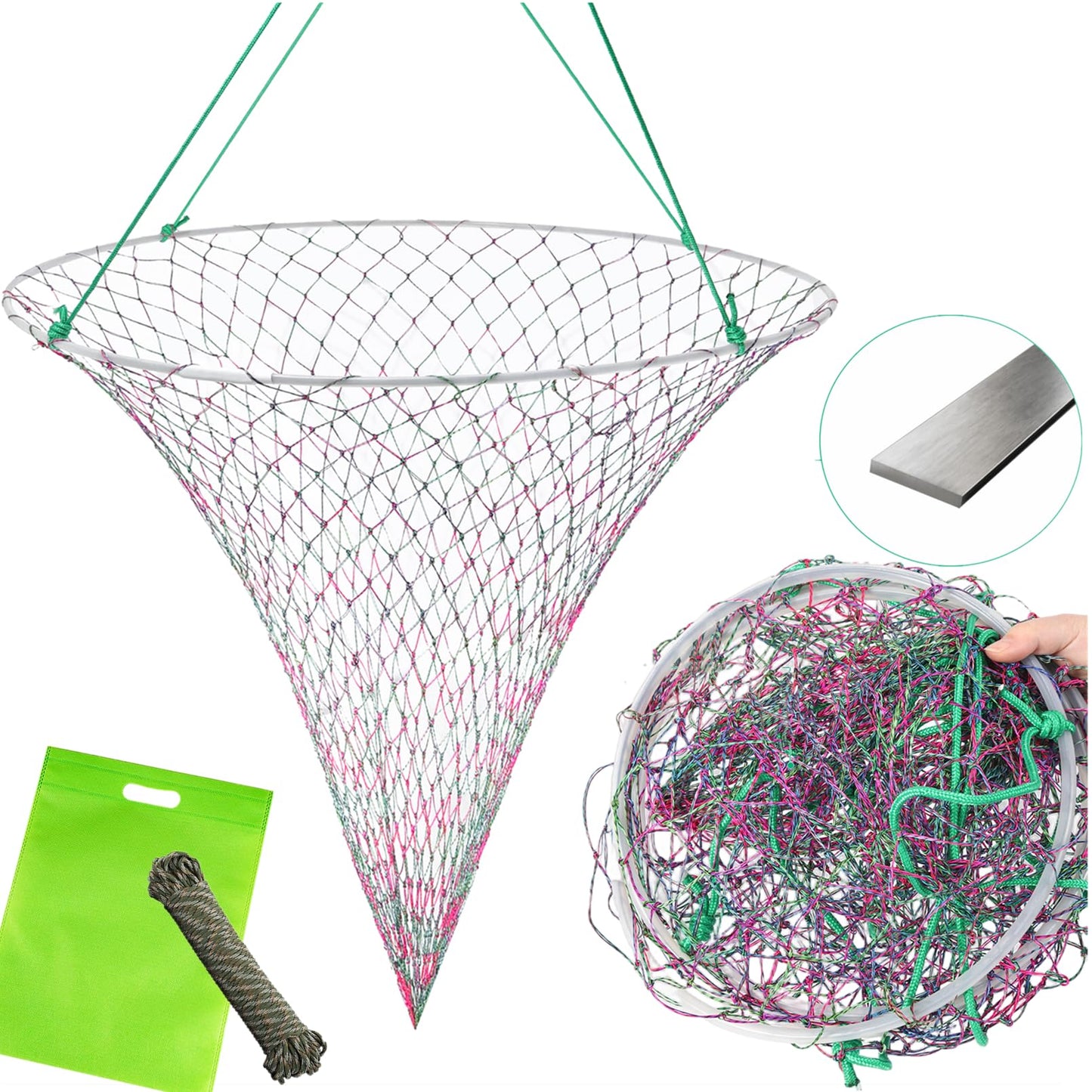 32in x 37in Folded Bridge and Pier Fishing Net, More Coarse Soft Steel Hoop, Colourful Dual-Line Construction,Heavy-Duty Fishing Cast polyethylene Fiber line Mesh Net, Drop Net/Rope/Storage Bag