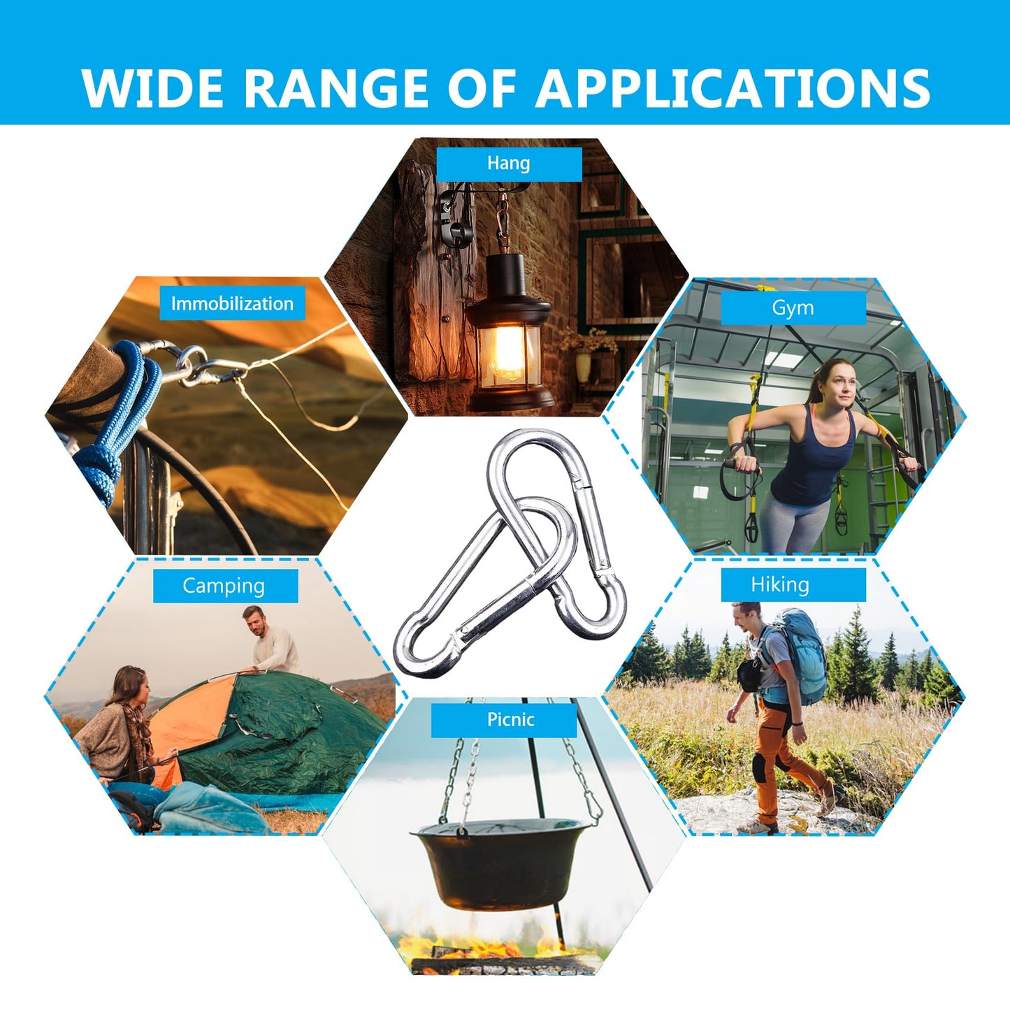 60PCS 2.3IN Carabiner Clip, M6 Heavy Duty Carbon Steel Carabiner, Spring Snap Hook Clip for Keychian, Locking Carabiner for Outdoor Camping, Fishing, Hanging, Dog Leash, Silver