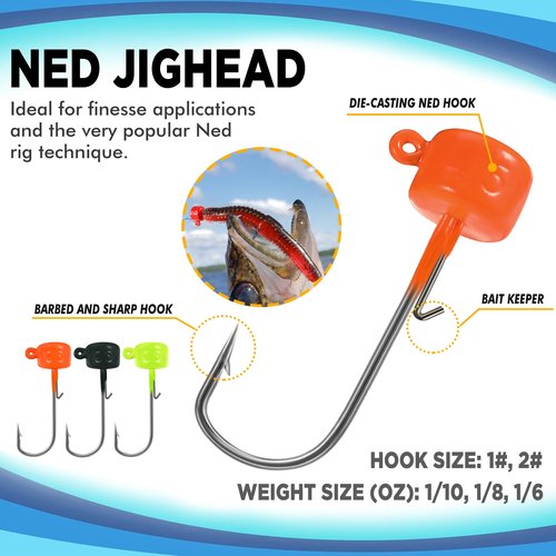PLUSINNO Ned Worms Bass Fishing Lure Kit, 44PCS Ned Rig Worms Kit with Ring Beads, Soft Plastic Fishing Baits with Ned Rig Jig Heads, Widely for Panfish, Perch, Trout, Pike, Fishing Gifts for Men