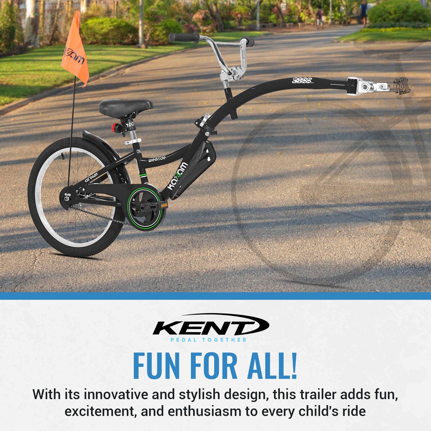 KaZAM Co-Pilot Bike Trailer - 20 Inch Bike Trailer with Adjustable BMX Stem and Handlebar - Lightweight Aluminum Frame and Padded Saddle for Cycling - Perfect for Family Rides - Black