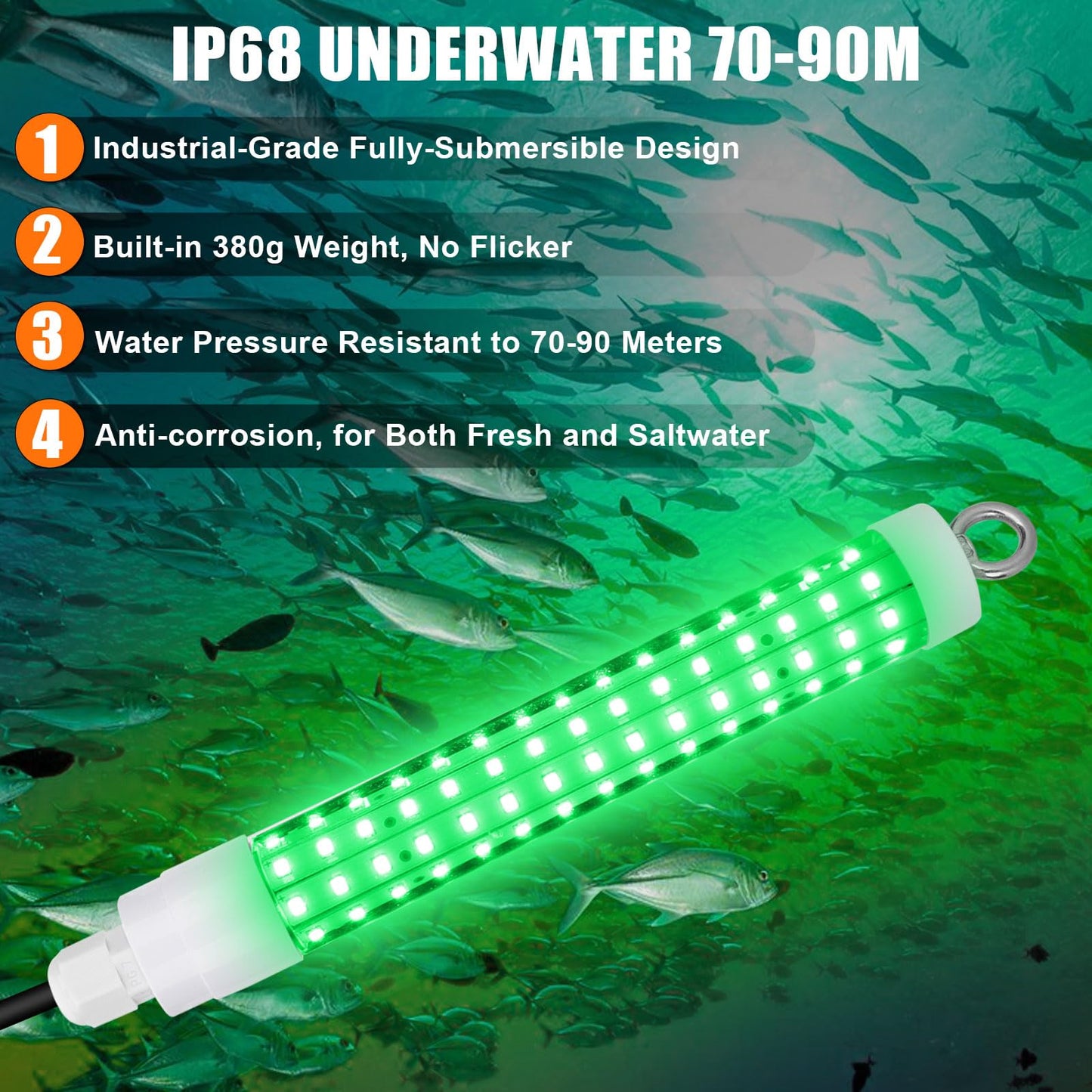 120 2835 SMD LED Underwater Fishing Light,8" 10.5W DC 12V 1000ML Green Night Fishing Finder Attractor, IP68 Submersible Boat Lamp for Lure Bait Snook Crappie, 22.3ft Cord Wire &Cigarette Adapter Wire