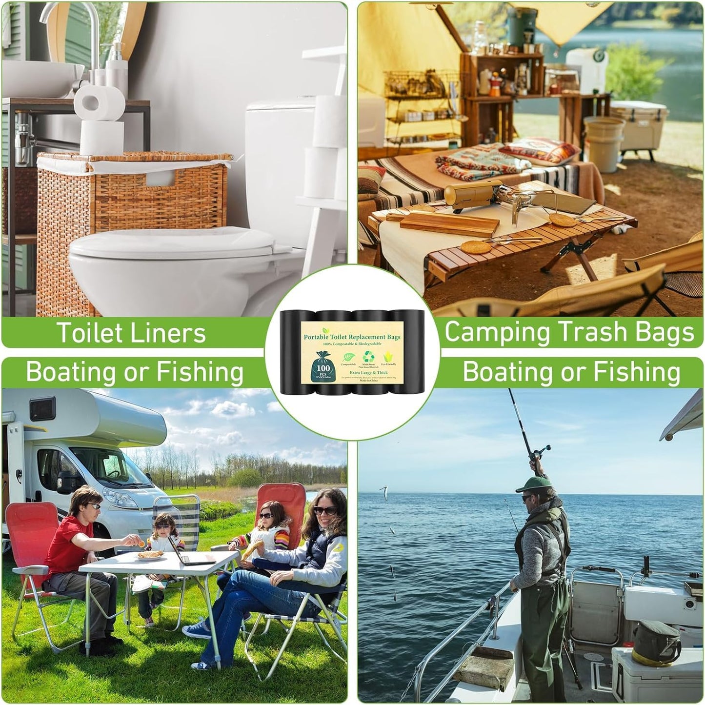 100 PCS Portable Toilet Bags for Camping, Drawstring Biodegradable Porta Potty Bag - 8 Gallon Thickened Waste Bag for 5 Gallon Bucket Toilets, Compostable Bags for Adults (100 Count)