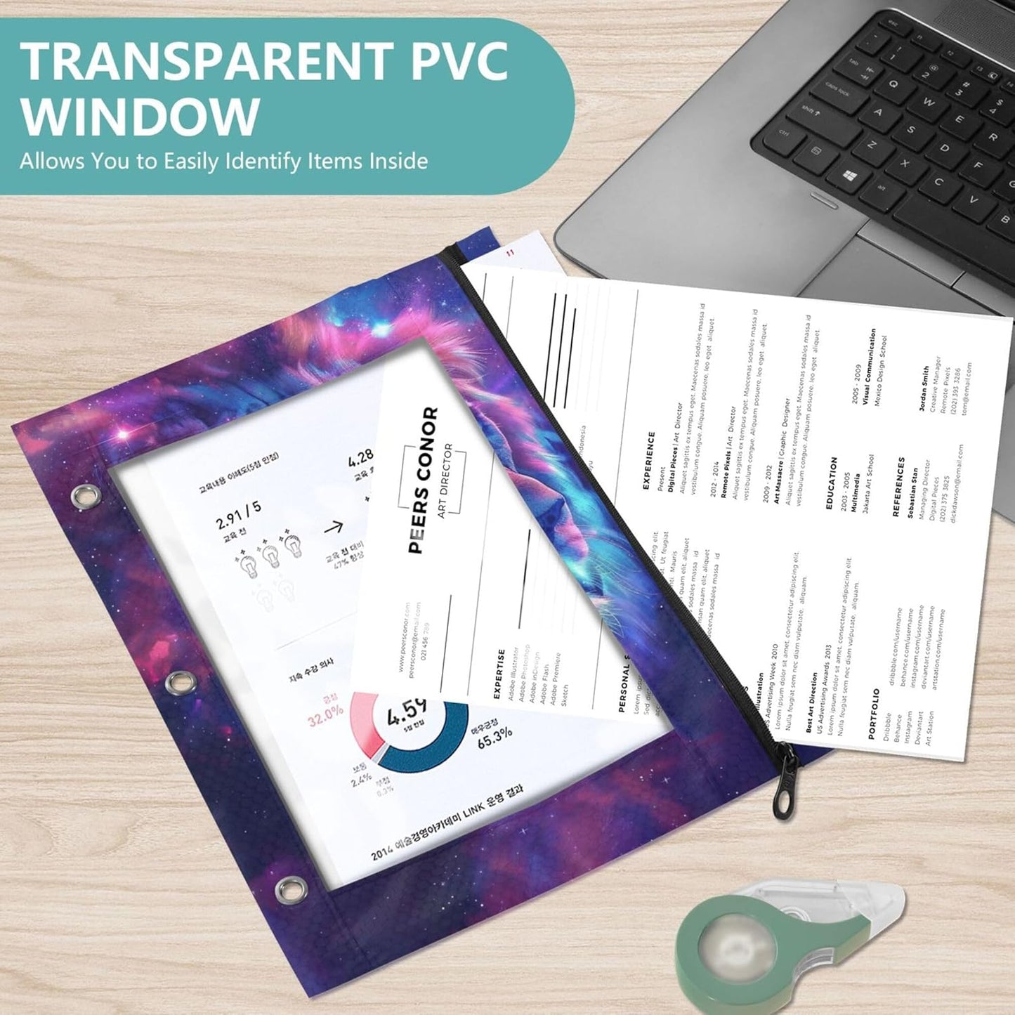 Largemouth Bass Fish 2 Pack 3 Ring Binder Pocket A4 Size Binder Pouches Clear PVC Loose Leaf Folder Sleeves Storage Bags for Files, Documents
