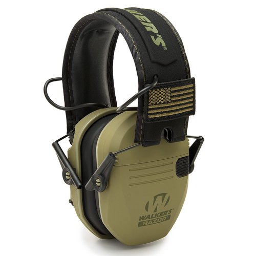 Walker's Game Ear Razor Slim Electronic Lightweight Shooting Hunting Range Hearing Protection Muffs (American Patriot/OD Green) Bundle with Protection Case (2 Items)