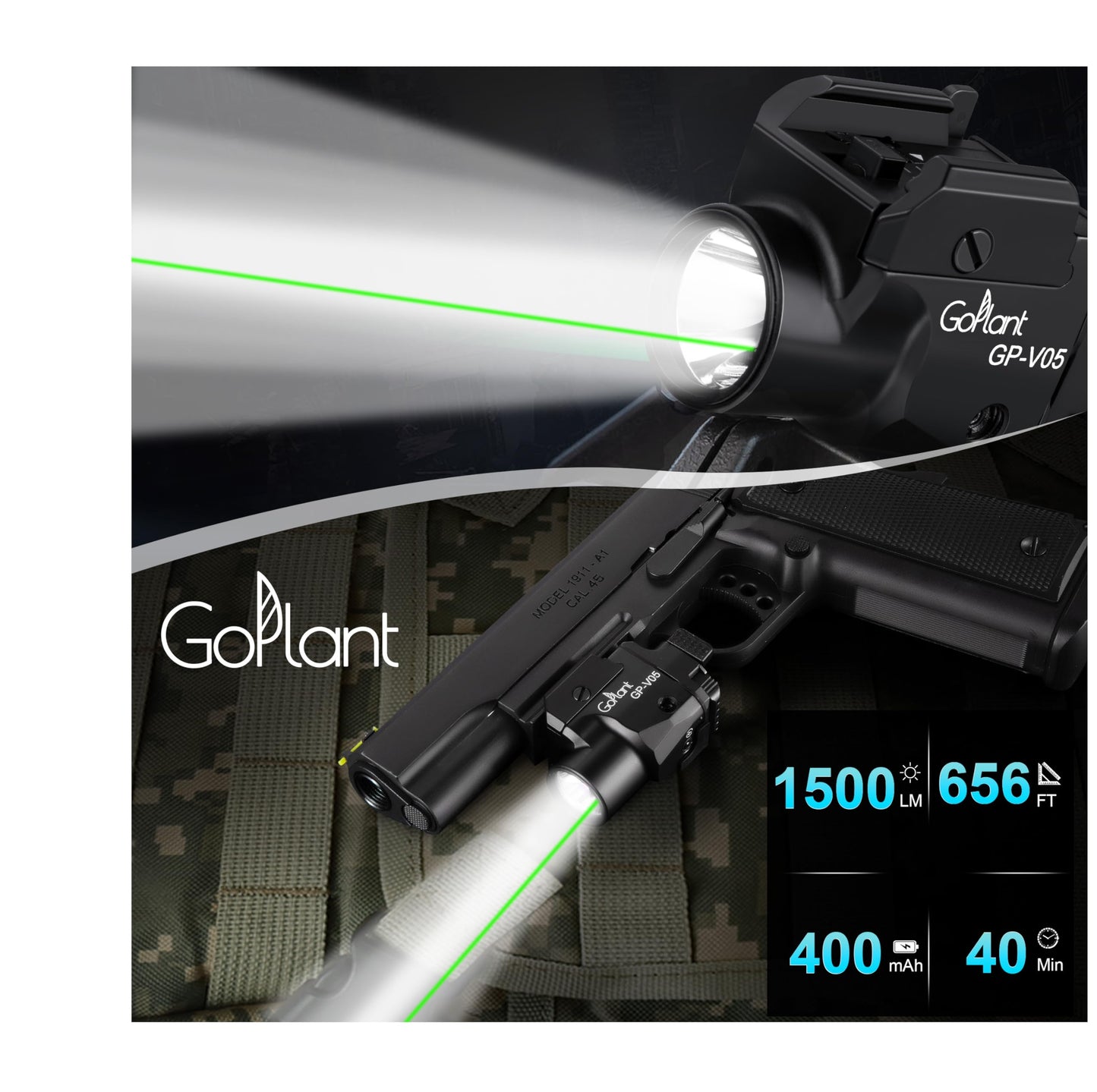 1500 Lumens Compact Weapon Laser Light, Aircraft Grade Aluminum Pistol Light, Adjustable Rail-Mounted Handgun Light and Green Laser Combo (Black)