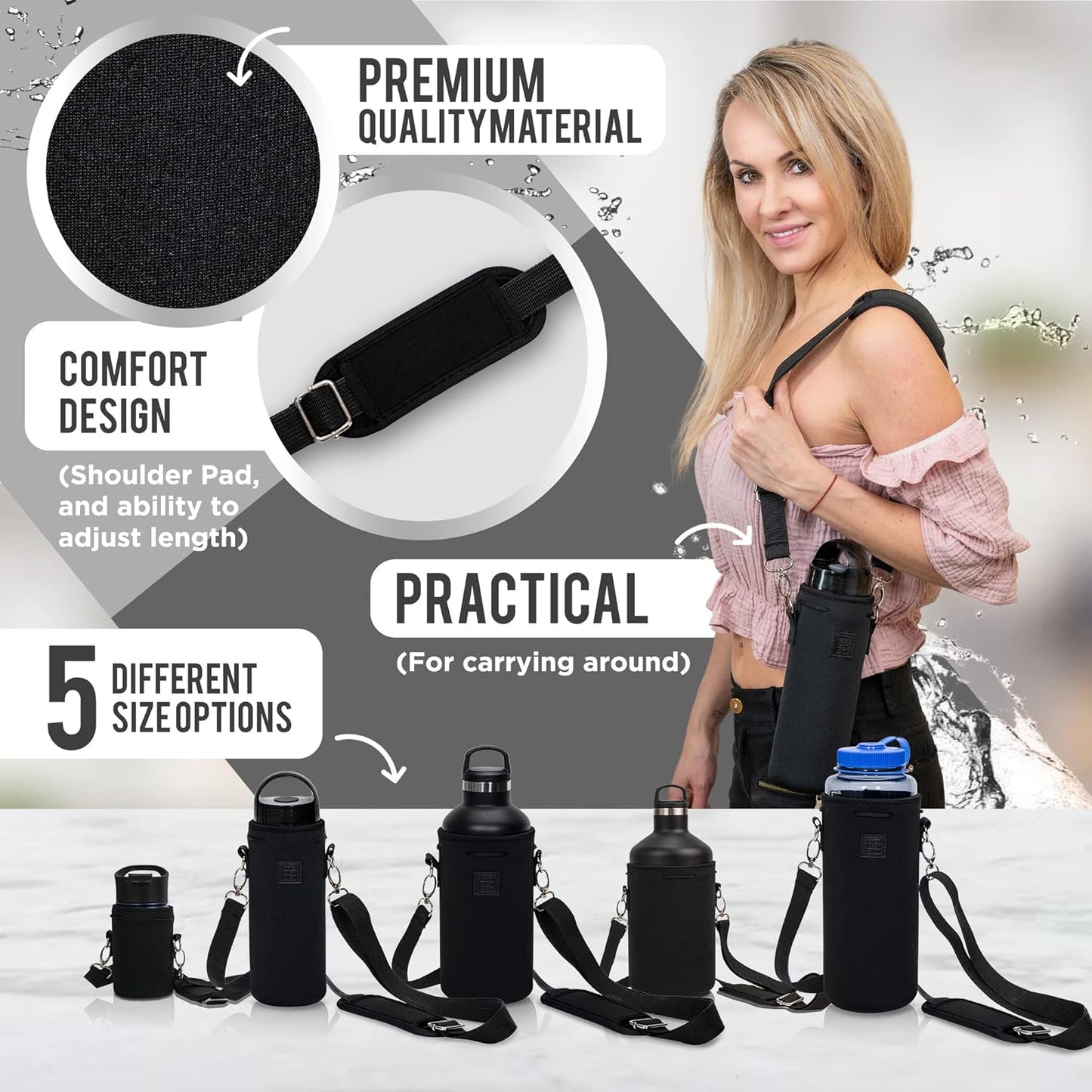 Insulated Neoprene Water Bottle Carrier | Adjustable Sling Pouch | Black, Large
