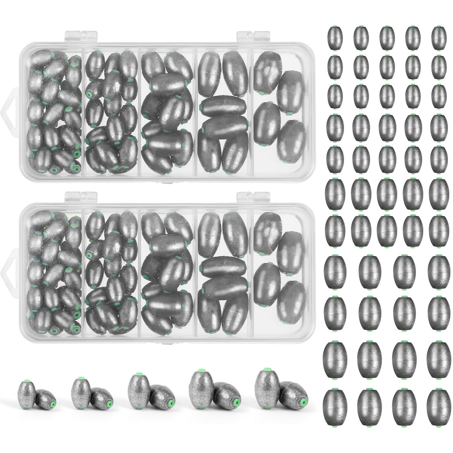 Poen 140 Pcs Egg Sinkers Fishing Sinkers Kit Removable Oval Shape for Drop Bass Worm Bullet Tackle Casting Saltwater Freshwater Fishing (1/10oz,3/16 oz,3/8 oz,1/2 oz,3/4 oz)