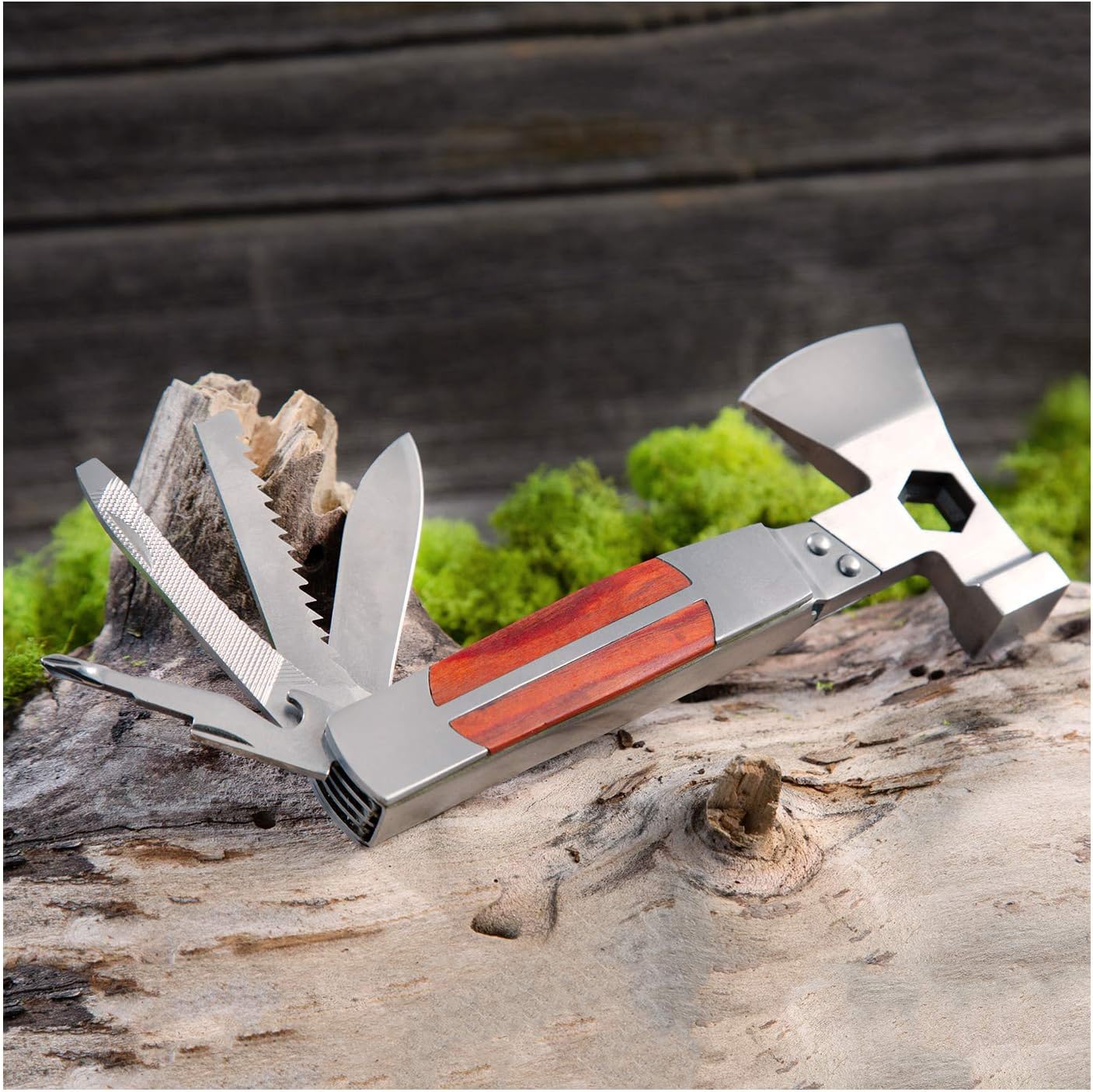 Sheffield 12301 Axe Multi Tool, 12-in-1 Camping Knives & Tools, Utility Tool Double Axe Head, Camping Tool, Stainless Steel Knife Multitool