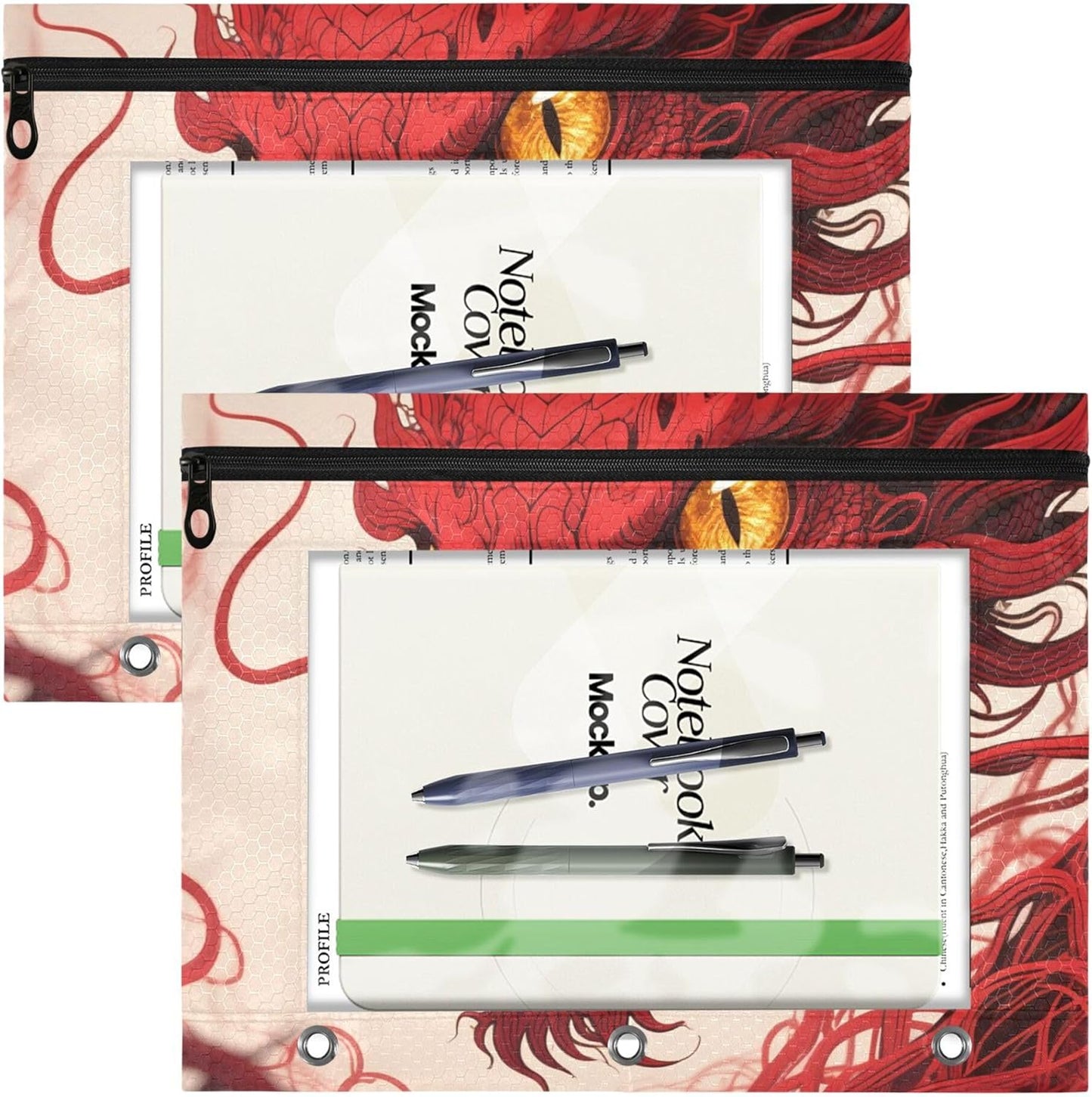 Largemouth Bass Fish 2 Pack 3 Ring Binder Pocket A4 Size Binder Pouches Clear PVC Loose Leaf Folder Sleeves Storage Bags for Files, Documents