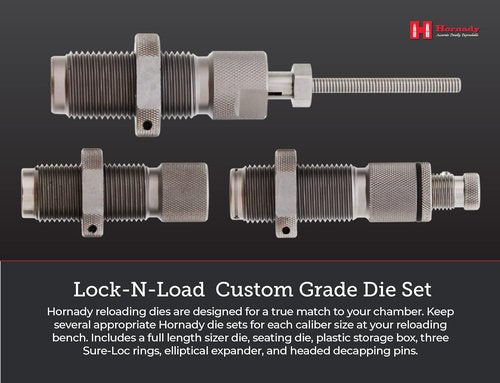 Hornady Custom Grade New Dimension 3-Die Set - Caliber Specific Reloading Equipment for Handloaders with Full Length Sizer Die, Seating Die, Sure-Loc Rings, & Storage Box
