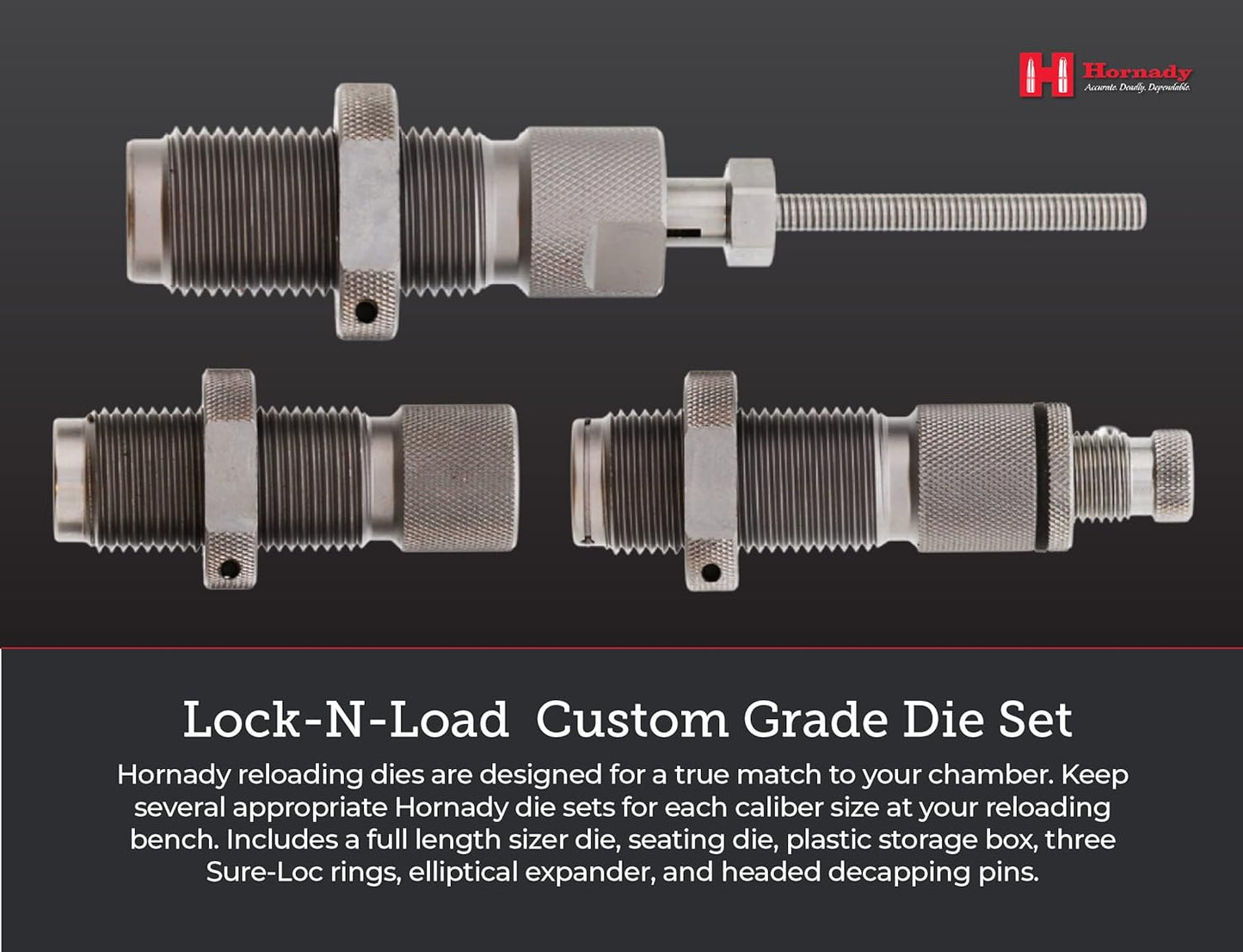 Hornady Custom Grade New Dimension 3-Die Set - Caliber Specific Reloading Equipment for Handloaders with Full Length Sizer Die, Seating Die, Sure-Loc Rings, & Storage Box