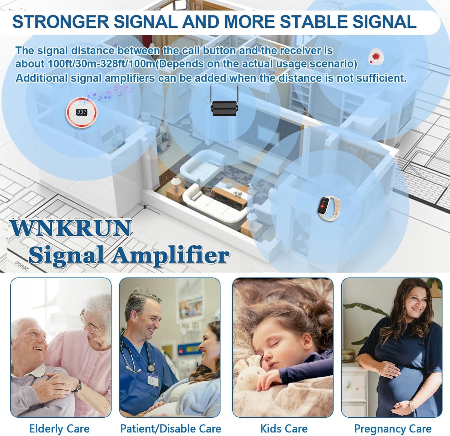 Wireless Caregiver Pager Call Button Emergency Calling System 328 Feet 1 Call Button/1 Watch Button/1 Receiver Nurse Alert System for Elderly Patient Disabled (1 Red H1+1 3DB+M2)
