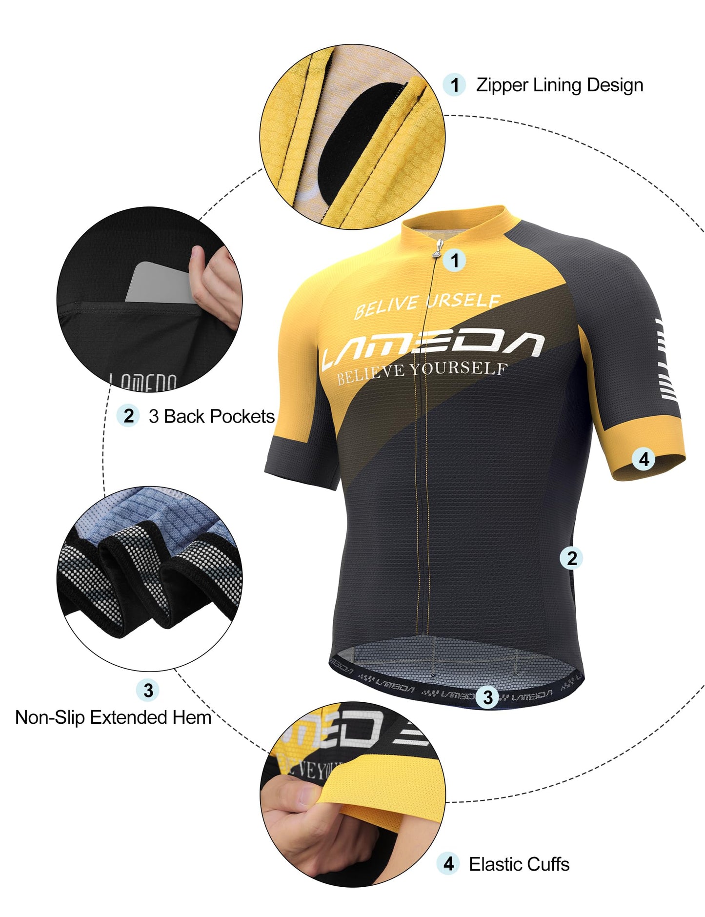 LAMEDA Men's Cycling Jersey Short Sleeves Bike Jersey for Men Cycling with 8 Pockets,Tight-Fitting Breathable Quick-Drying Bike Shirt High-Elastic Pro Road Cycling Top Bicycle Shirt Yellow