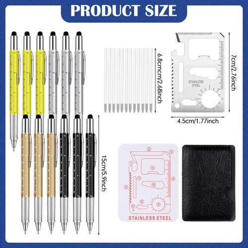 Sabary 36 Pcs Multitool Pen Gift Set for Men Including 12 Pcs 6 in 1 Tool Pen Bulk 12 Pcs Stainless Steel 11 in 1 Beer Opener Credit Card Tool and 12 Pcs Black Pen Refill (Fresh Color)