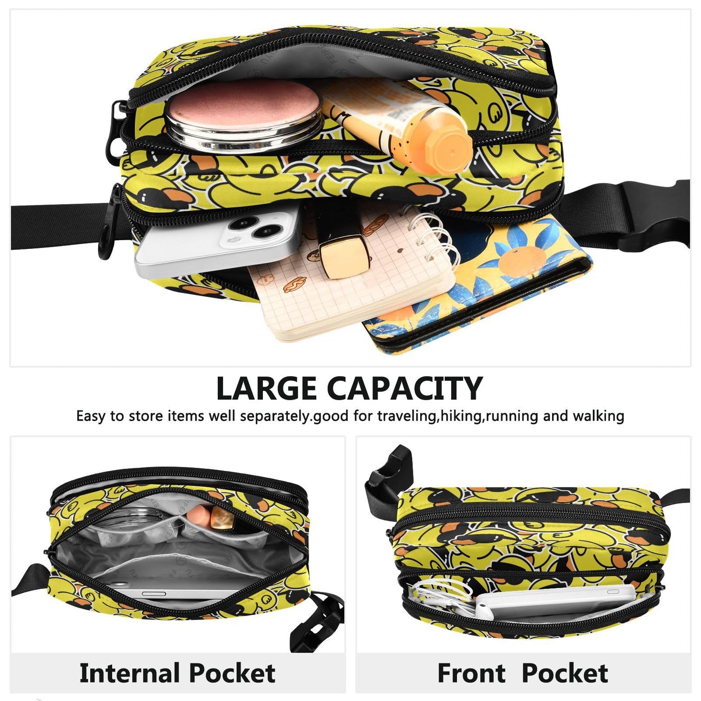 Exnundod Fanny Waist Bag Duck Purse Bag Casual Crossbody Pack Zipper & Adjustable Strap Hip Bum Bag for Running Hiking Traveling Outdoor