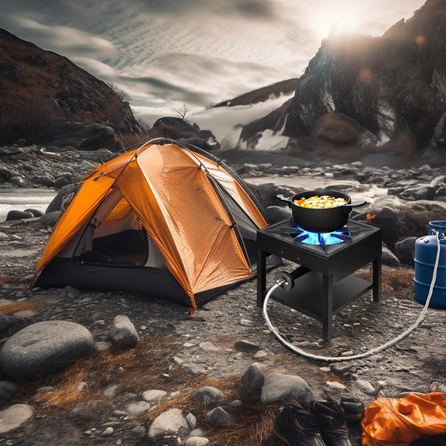 Vivicreate 185000 BTU Camping Camp Range Chef Griddle Outdoor Kitchen Garden grill propane gas 0-20 PSIG high pressure cook Stove Burner estufa Quemador cusina (Cast Iron)