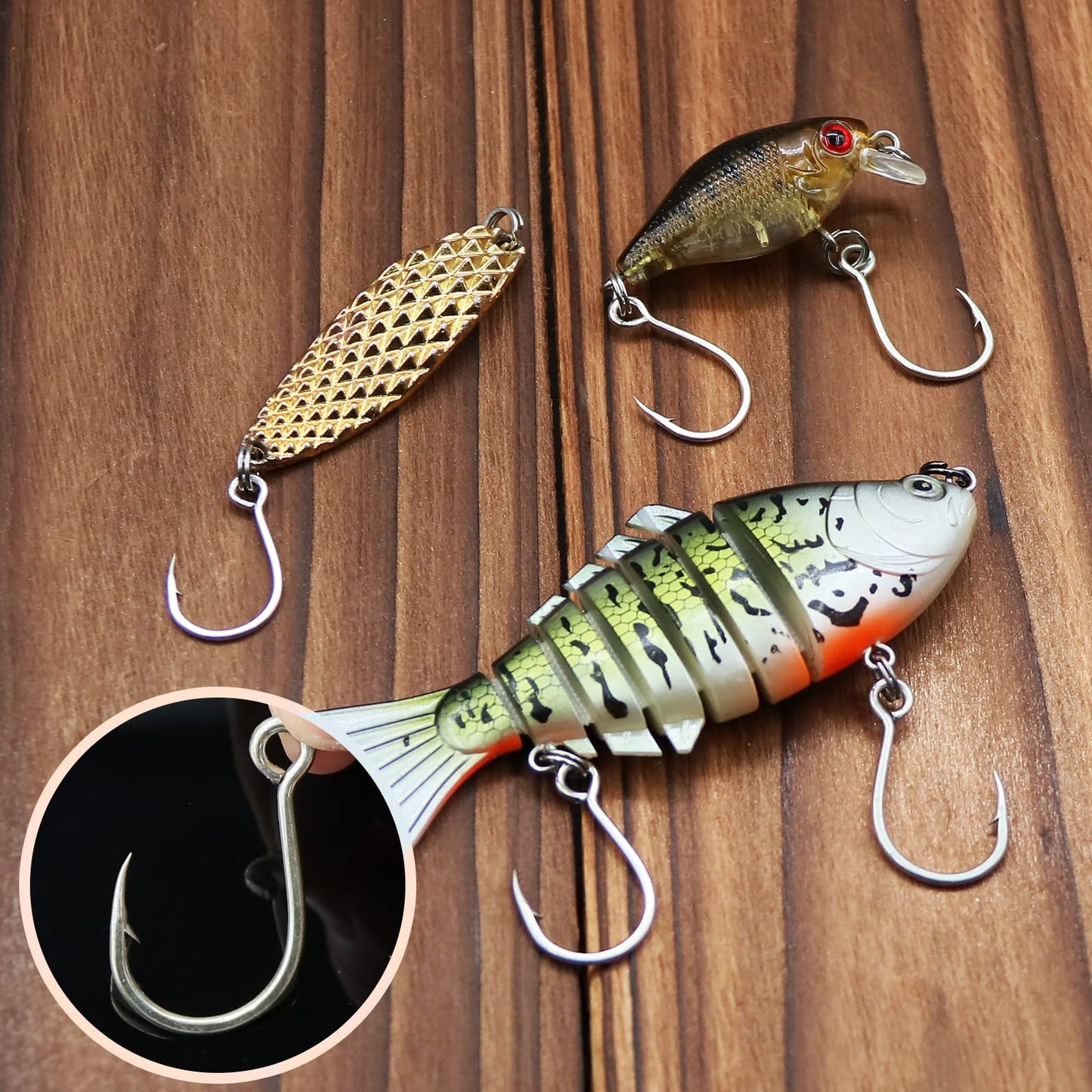FishTrip 50pcs Inline Fishing Hooks for Treble Hook Replacement, in-Line Single Forged Eyed Hooks with Split Rings for Lures Plugs Saltwater Freshwater