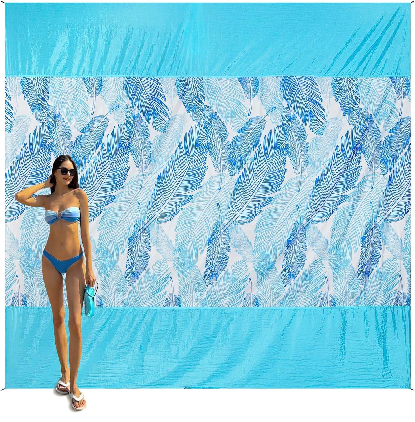 JOYLAMA Beach Blanket Sandproof,Waterproof Beach Mat for Kid Pool, Outdoor Blanket for Beach, Vacation, Picnic Bkanket with Portable Bag, 4 Stakes & 3 Water Bag for 1-5 People(Large)