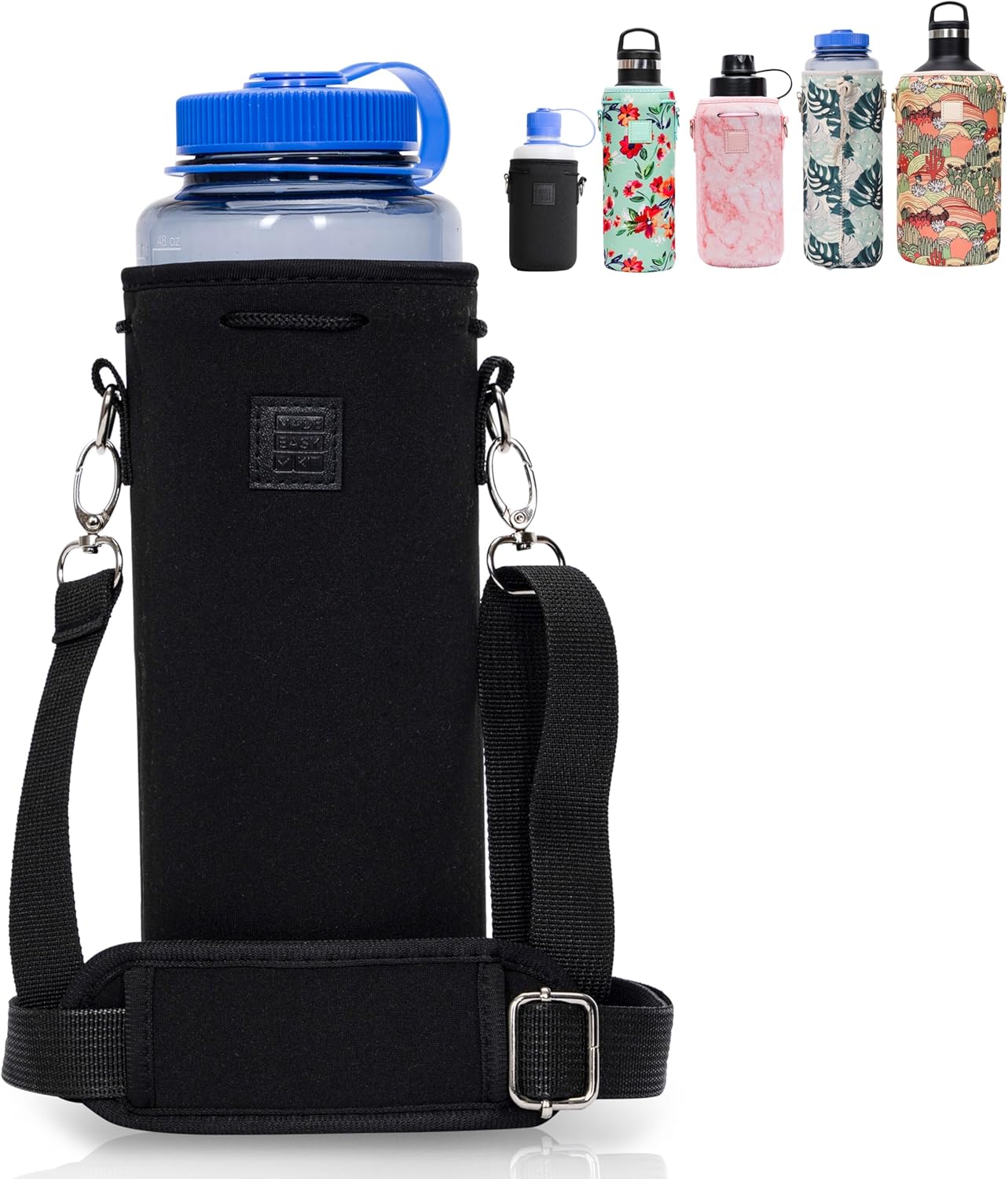 Insulated Neoprene Water Bottle Carrier | Adjustable Sling Pouch | Black, Large