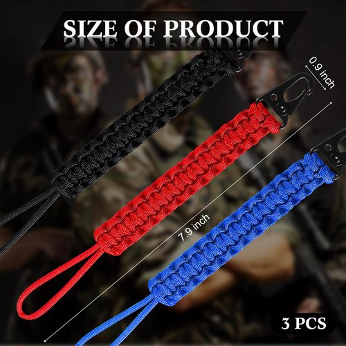 Shappy 3 Pcs Paracord Keychain Weave 550 Paracord 9 Inch Tactical Lanyard Wallet Accessories Camping Fishing Hunting Outdoor (Black, Red, Royal Blue)