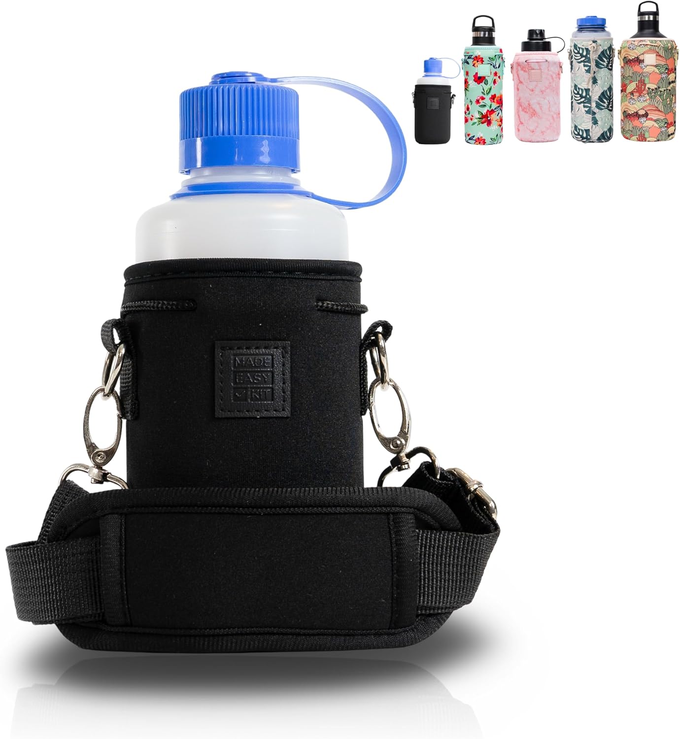 Insulated Neoprene Water Bottle Carrier | Adjustable Sling Pouch | Black, Large