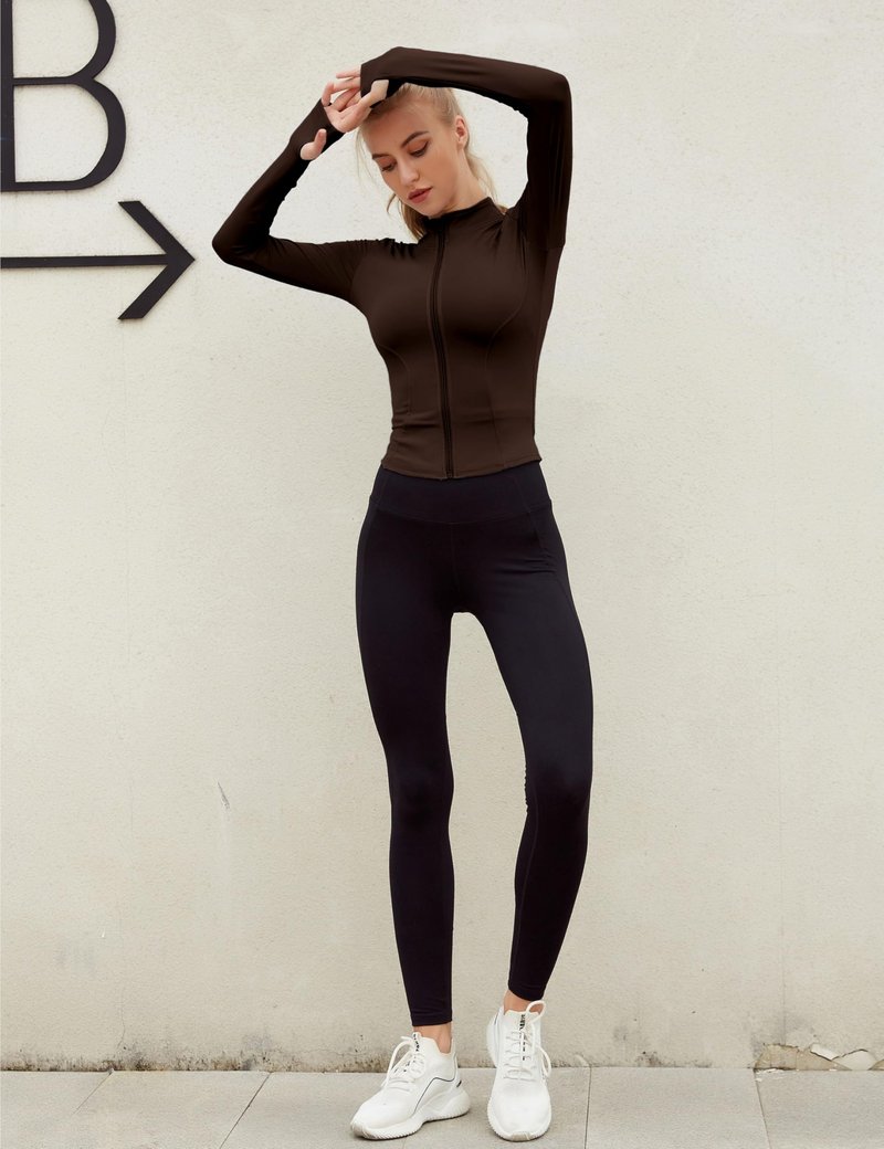 Lviefent Womens Lightweight Full Zip Running Track Jacket Workout Slim Fit Yoga Sportwear with Thumb Holes (Brown-M)