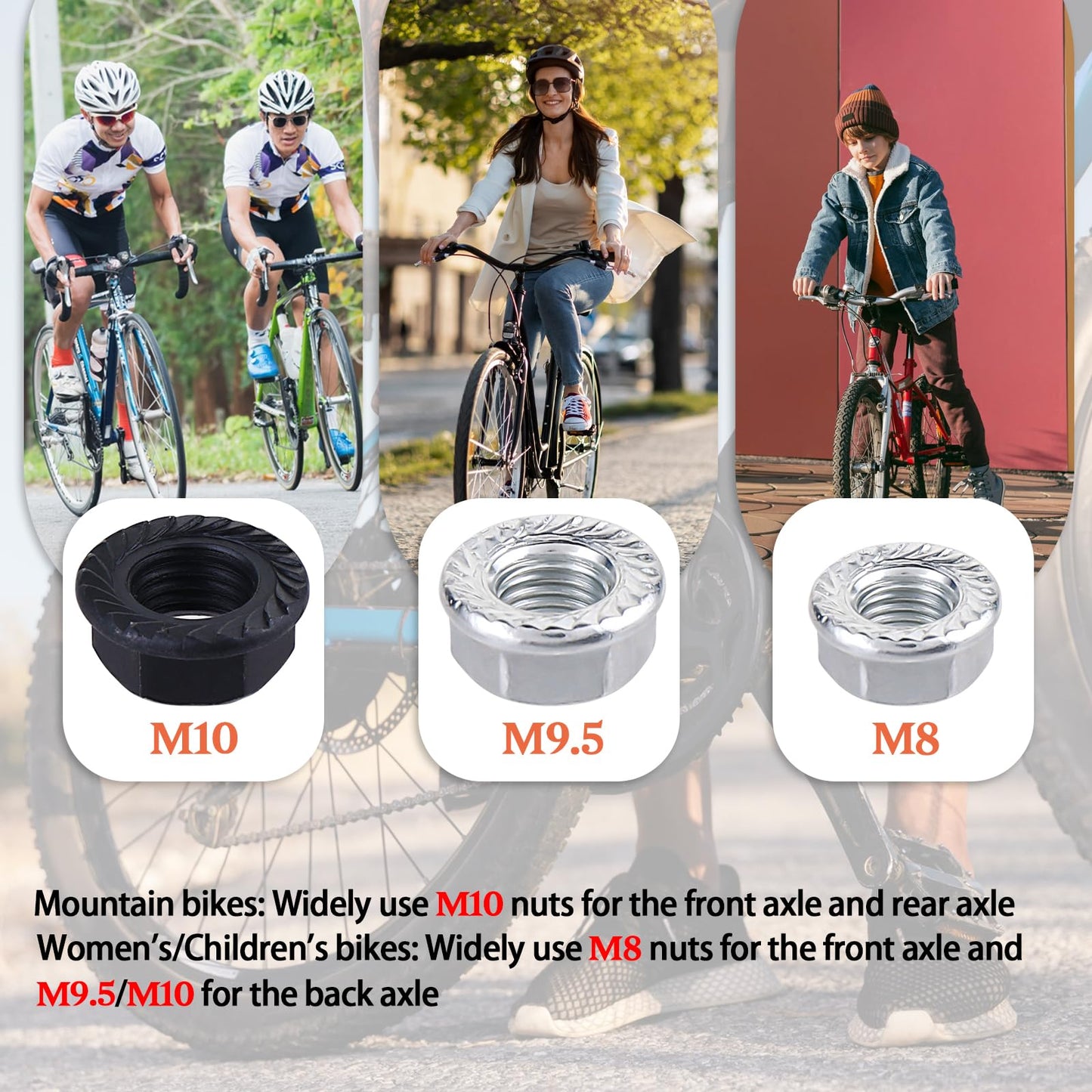 12Pcs Bike Axle Nut and Safety Washer Kit, Bike Nuts for Wheels, Mountain Bike Accessories, 3 Size M8/M9.5/M10 Bike Wheel Nut for Most Mountain Bike Front and Rear Wheel Axle