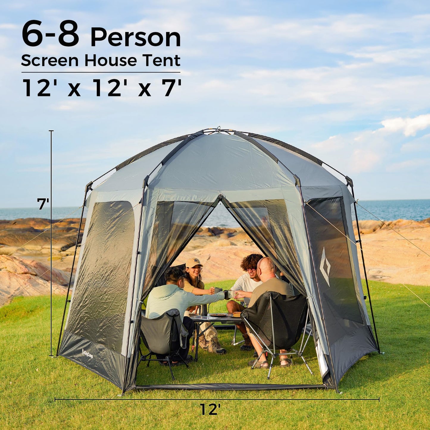 KingCamp Screen Tent, Camping Tent for 6-8 Person 12' x 12' Portable Screen House Room with Detachable Sunshade for Camping, Garden & Backyard