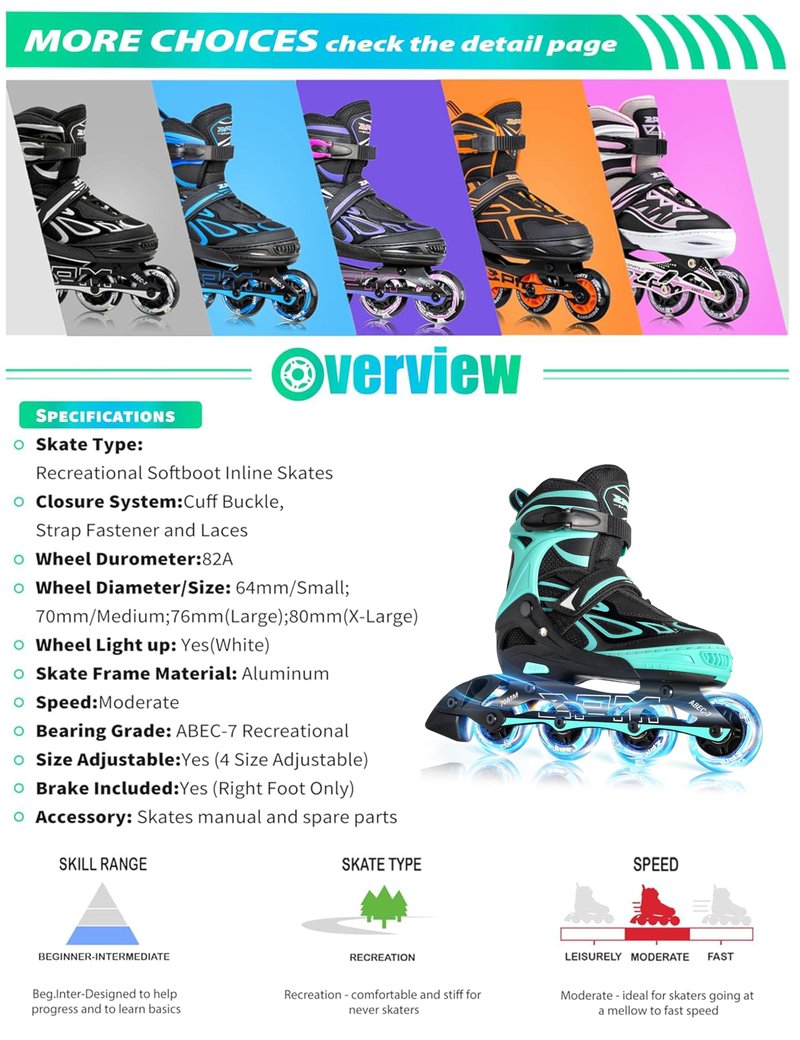 2PM SPORTS Vinal Girls Adjustable Flashing Inline Skates, All Wheels Light Up, Fun Illuminating Skates for Kids Women and Men - Mint Small