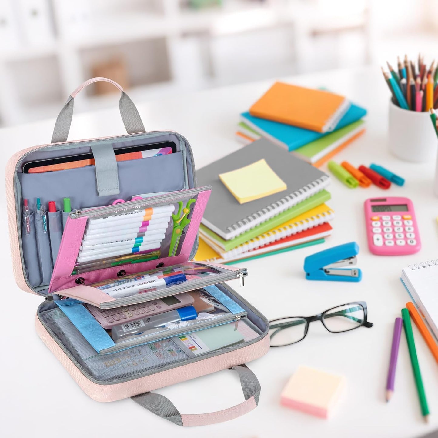 Yarwo Zipper Binder with 3 Pencil Pouches, Small File Organizer with Multiple Pockets & Padded Sleeve Fits 12.9” iPad and Stationery for School, Office, Work, Pink