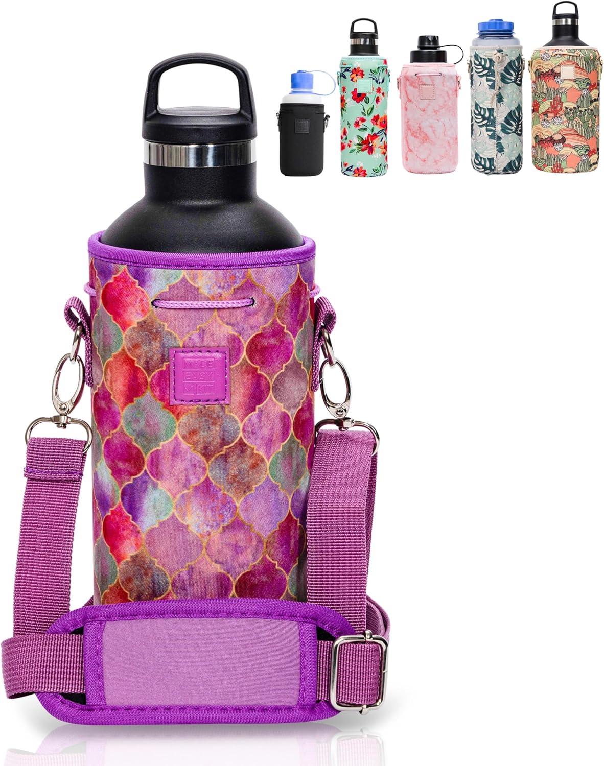 Insulated Neoprene Water Bottle Carrier | Adjustable Sling Pouch | Black, Large