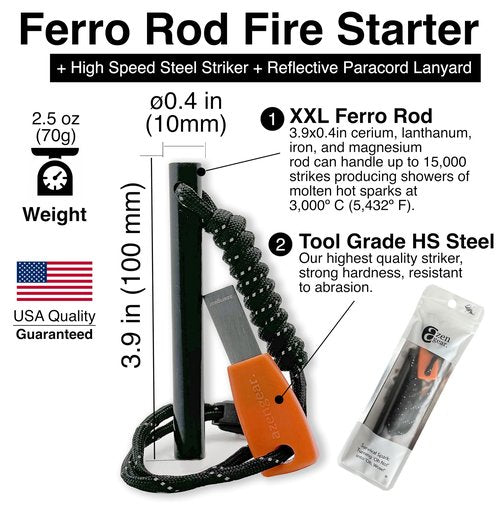Survival Flint Fire Starter Kit, Thick Ferro Rod (4" x ⌀ 2/5") with Comfy Steel Striker, Paracord Lanyard String for Camping, Bushcraft, Outdoor