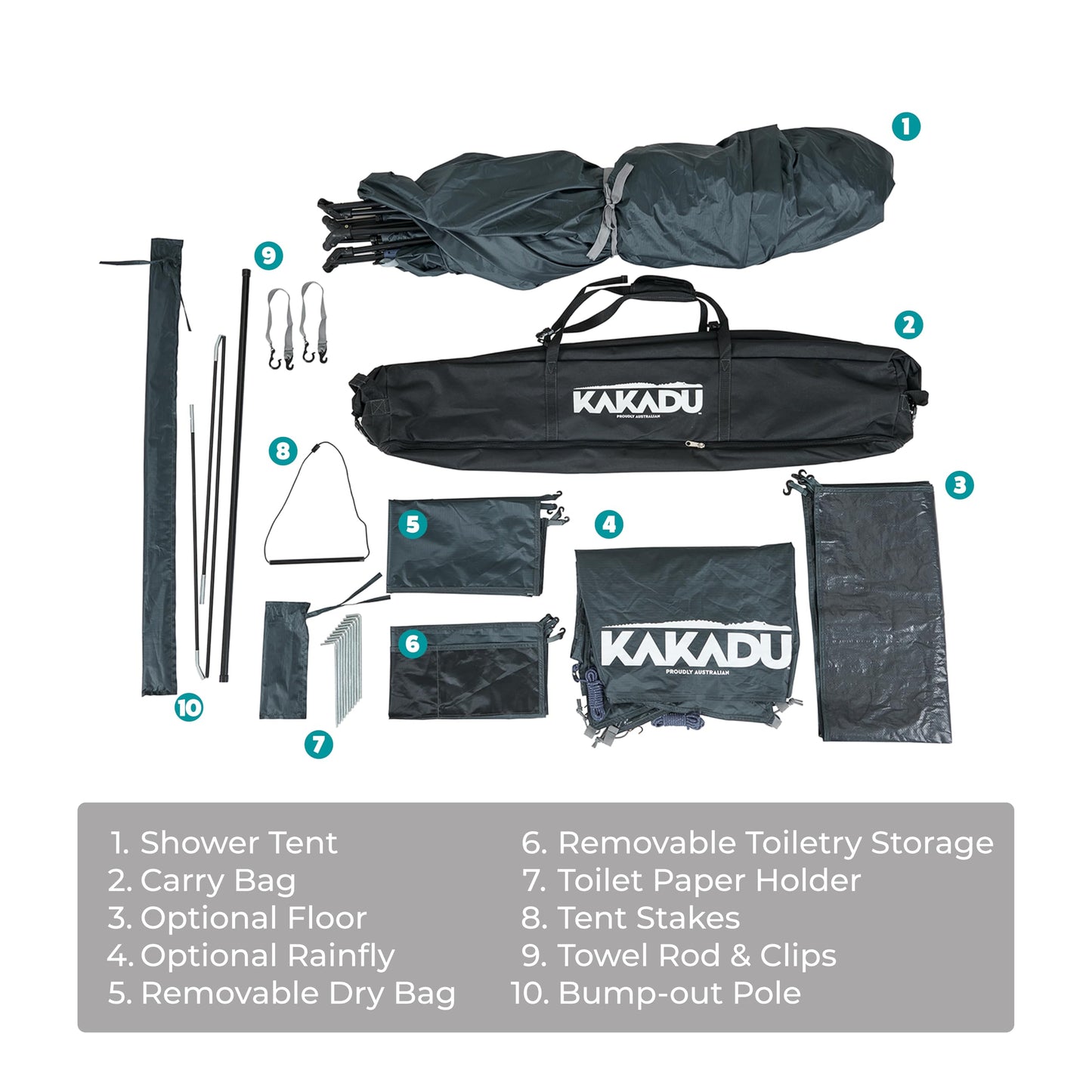 Kakadu Outback Shower Tent, Portable Privacy Shelter, Outdoor Camping Toilet Tent, Changing Room, Sturdy, Easy Setup - with LED Light, Carry Bag, Towel Rod