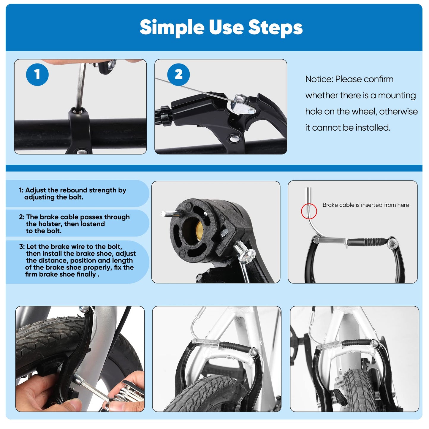 Hmseng V-Type Bike Brake Set, Complete Universal Bike Front and Rear MTB Brake, Bicycle Brakes, Inner and Outer Cables, Include Brakes Lever Calipers Multi-Tool Wrenches-Black