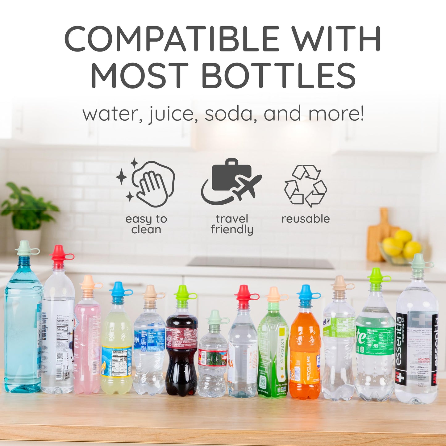 Kiddikap Original Water Bottle Topper for Toddlers – 100% Silicone Sippy Top Spout with Protective Cap makes the Bottle Top a Spill Proof Lid for Kids and Adults - 6 Pack - (Original And Pastel)