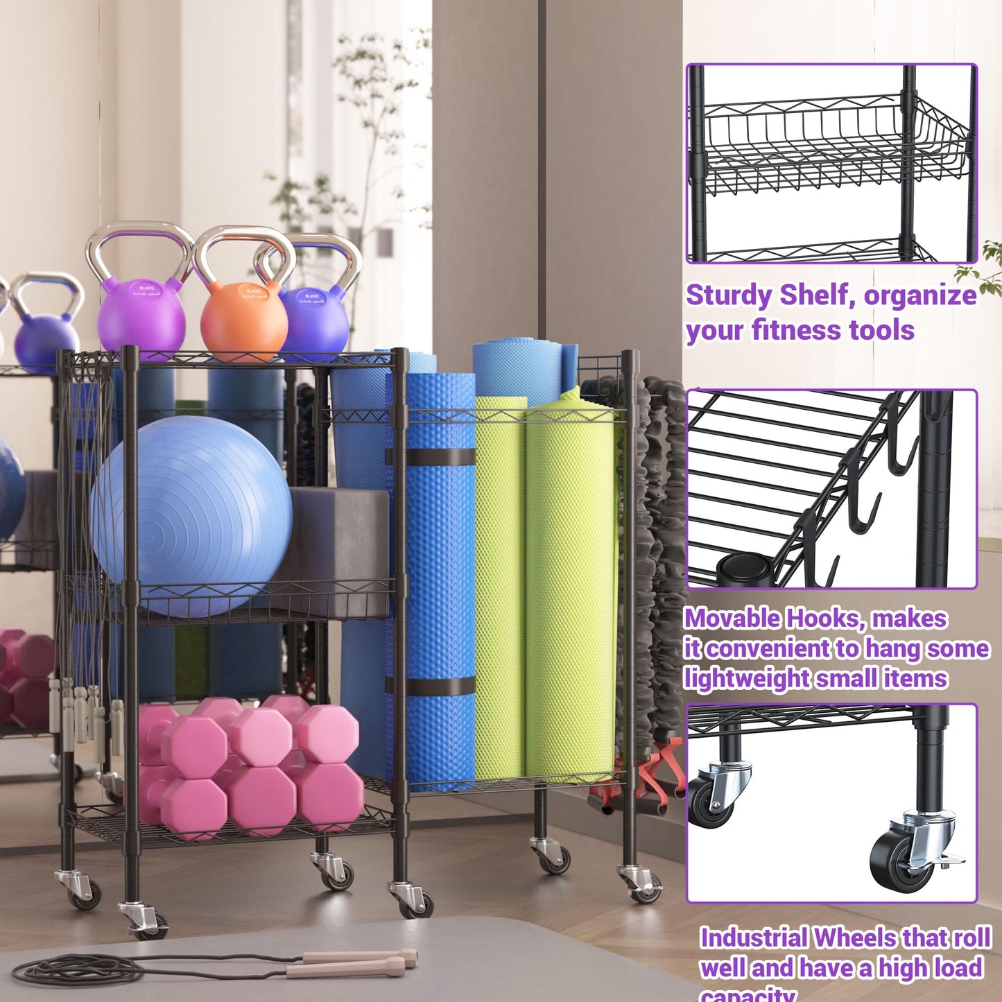 lesolar Rolling Yoga Mat Storage Rack, Yoga Storage Organizer for Home Gym Storage, 3 Tiers Gym Equipment Rack for Straps Dumbbells Kettlebells Foam Rollers Light Hand Weights Resistance Bands