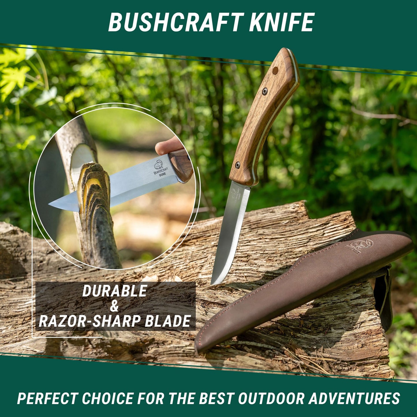 BeaverCraft Bushcraft Knife Full Tang Carbon Steel with Leather Sheath – Camping Bush Knife Fixed Blade – Outdoor Bushcraft Knives BSH1 Dune