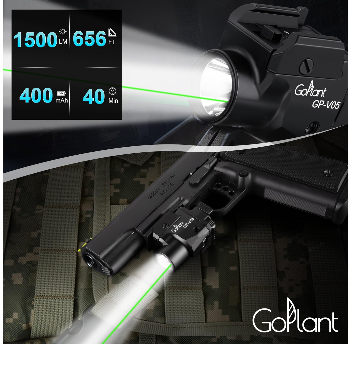 1500 Lumens Aircraft-Grade Aluminum Compact Pistol Flashlight, Picatinny Flashlights Laser Weapon Light, Subcompact Tactical Pistol Lights,Green Laser Light Combo for Handgun, Rechargeable Gun Light