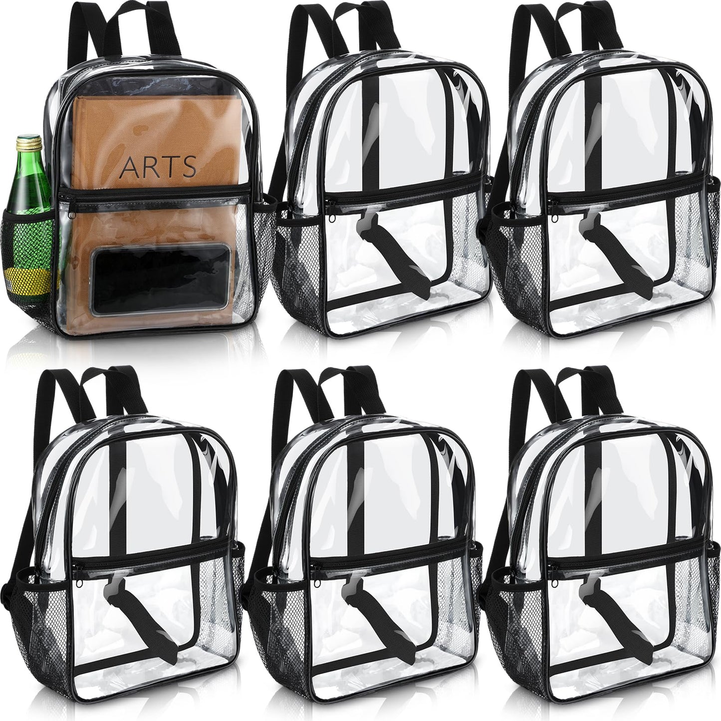 Sweetude Clear Backpack bulk 11.4 x 9.5 x 5.1 Inch Bag Stadium Approved Plastic Transparent Backpack with 2 Water Holders(Black)