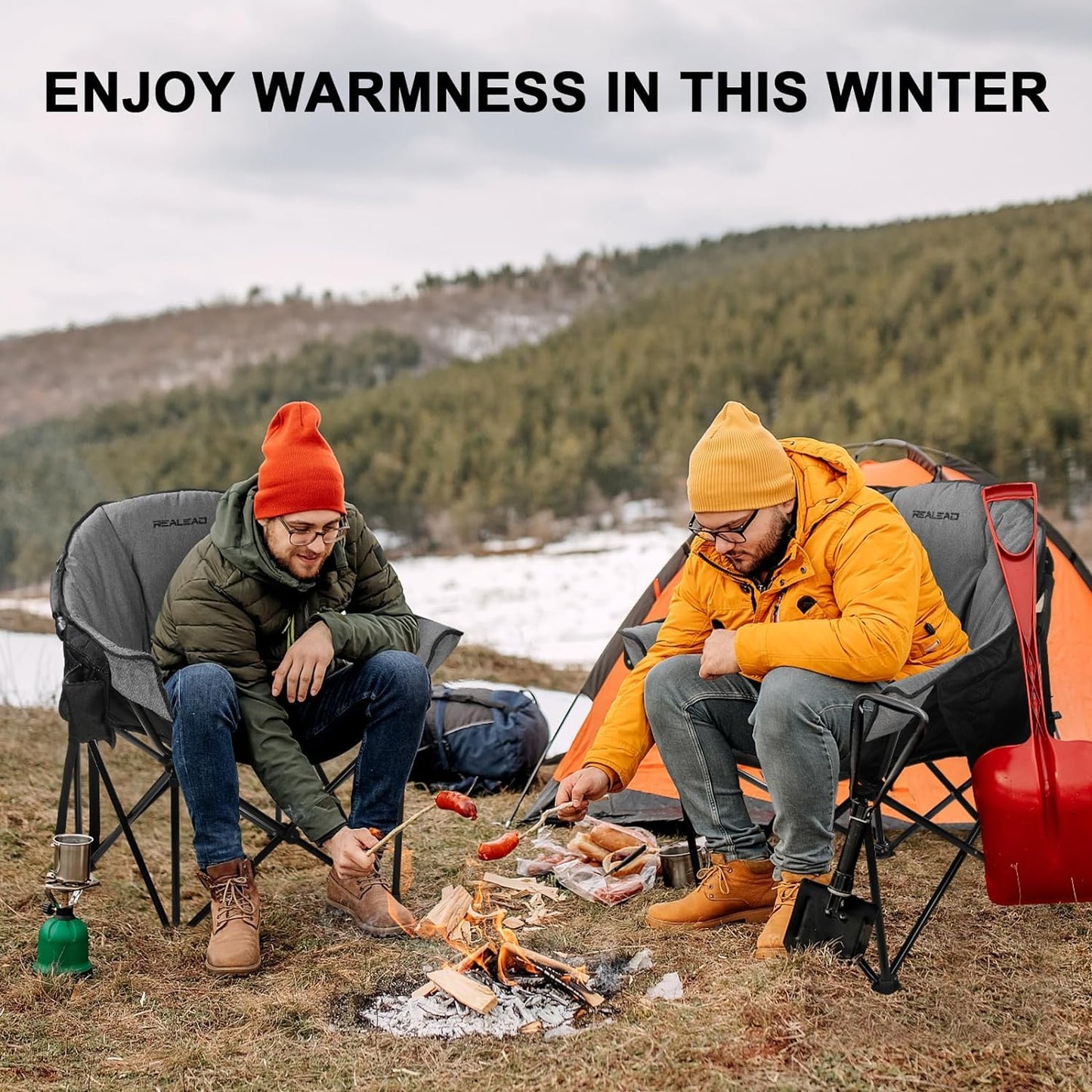 REALEAD Oversized Heated Camping Chair | Fully Thick Padded | Heated Chairs for Outdoor Sports with Back and Seat Heating | Heated Folding Chair for Adults | Support 400lbs | Battery NOT Included