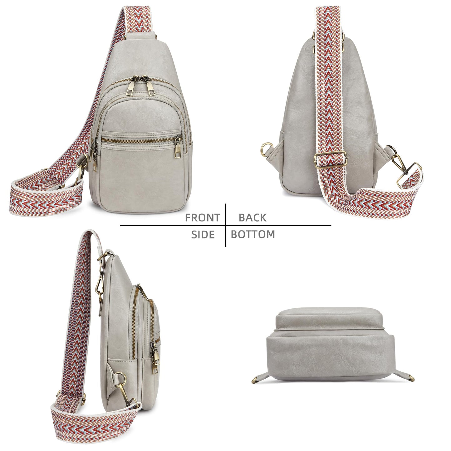 Cynure Women's Vegan Leather Sling Bag Packs Small Zipper Crossbody Chest Backpacks, Light-Grey