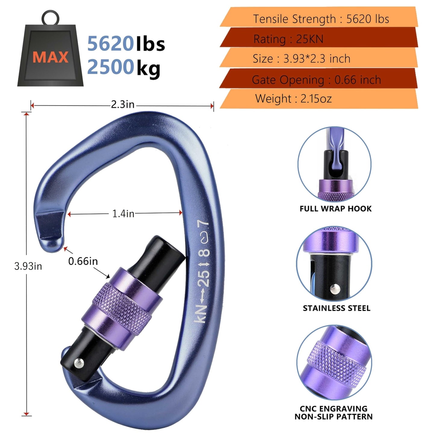 Climbing Locking Carabiner Clip Rappelling - Thorn 25KN Heavy Duty Large Screwgate Carabiners Clips for Rock Climbing,Mountaineer,Hammock,Camping,Gym,Blue Grey Pack of 2