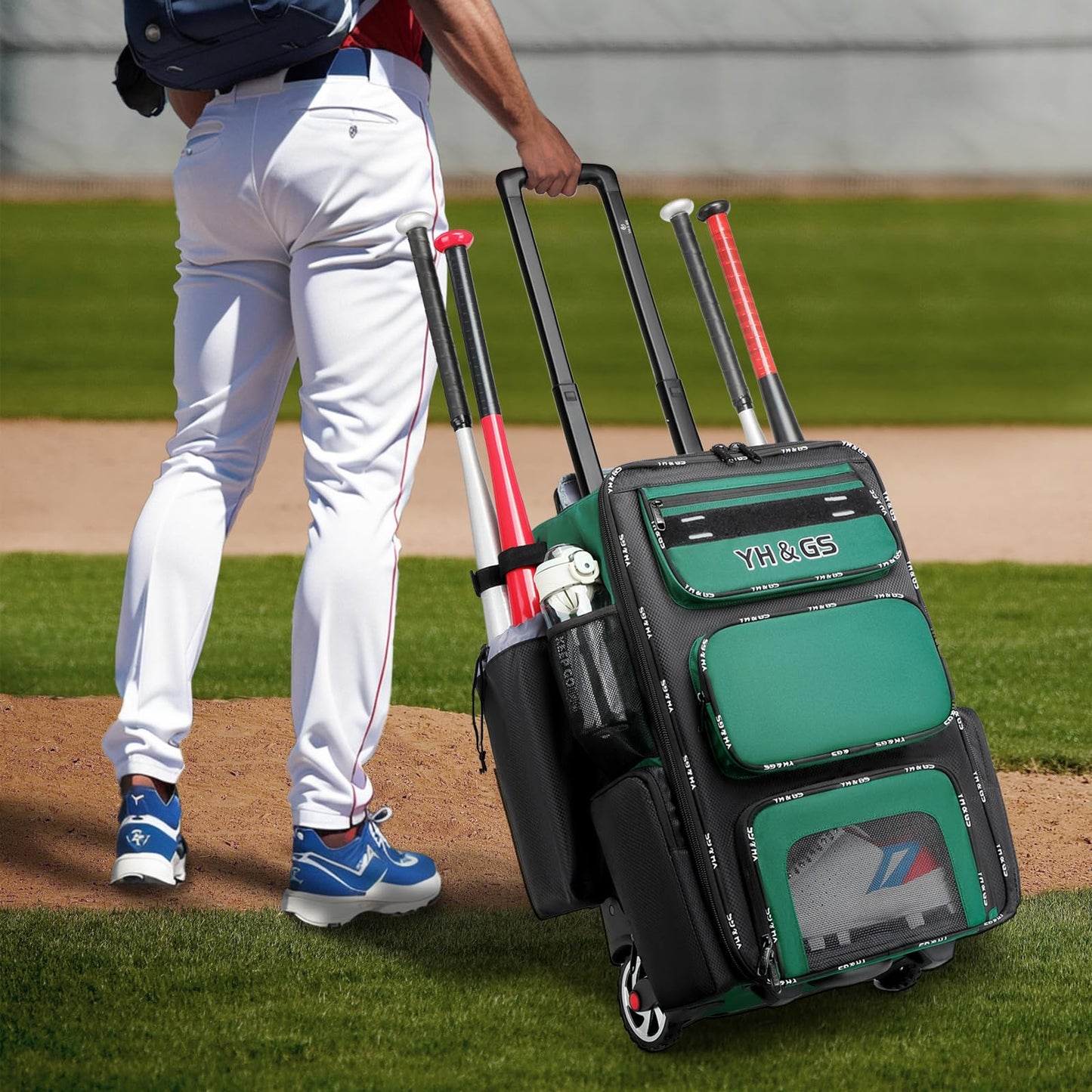 Rolling Baseball Bag,Wheeled Softball Bag with Fence Hook for TBall Bat & Equipment,Lightweight Baseball Bat Bag with Shoe Compartment Green