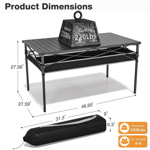 RELAX FIELD Folding Camping Table, Aluminum Roll-up Table with Storage Net and Carrying Bag, Outdoor Lightweight Camp Table for Picnic, Camping, Beach,Backyard, BBQ, Party, Patio